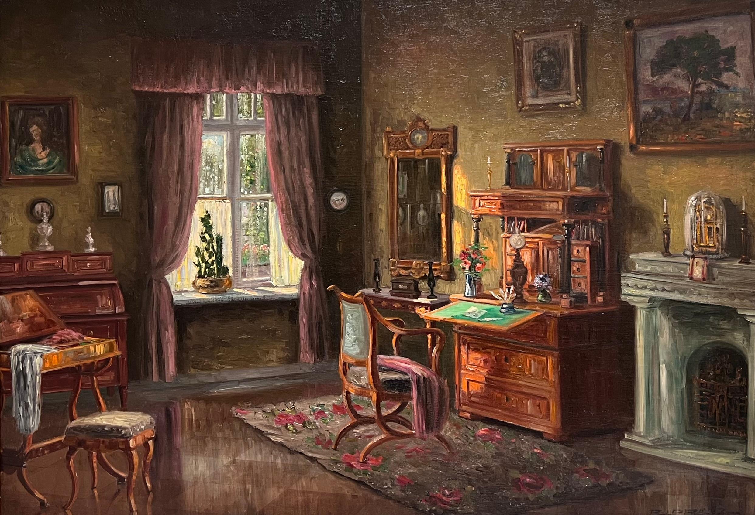 Énorme huile signée French Room 1900 Scène d'intérieur de salon Belle pièce - Painting de Antique French