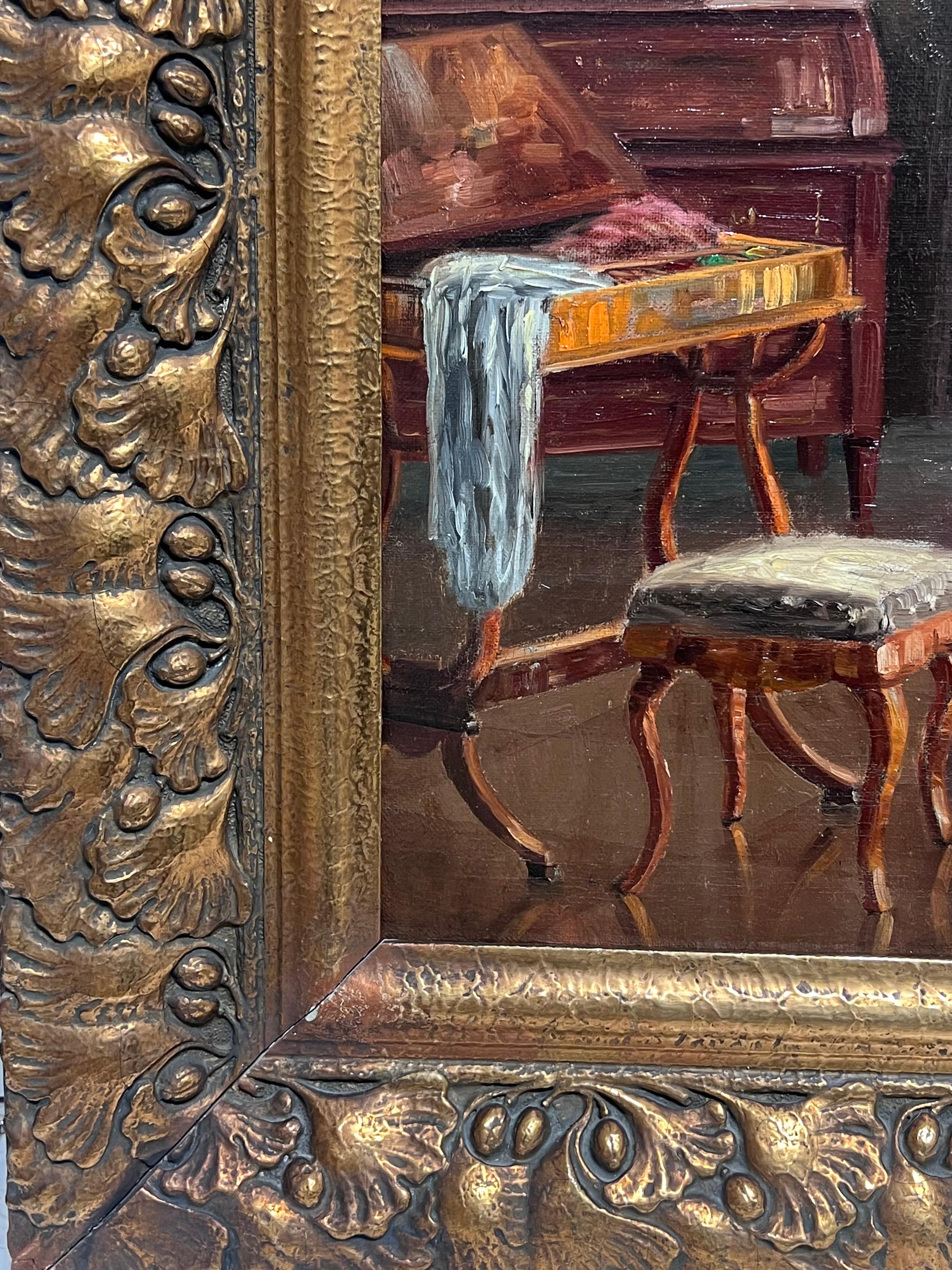 Énorme huile signée French Room 1900 Scène d'intérieur de salon Belle pièce en vente 1