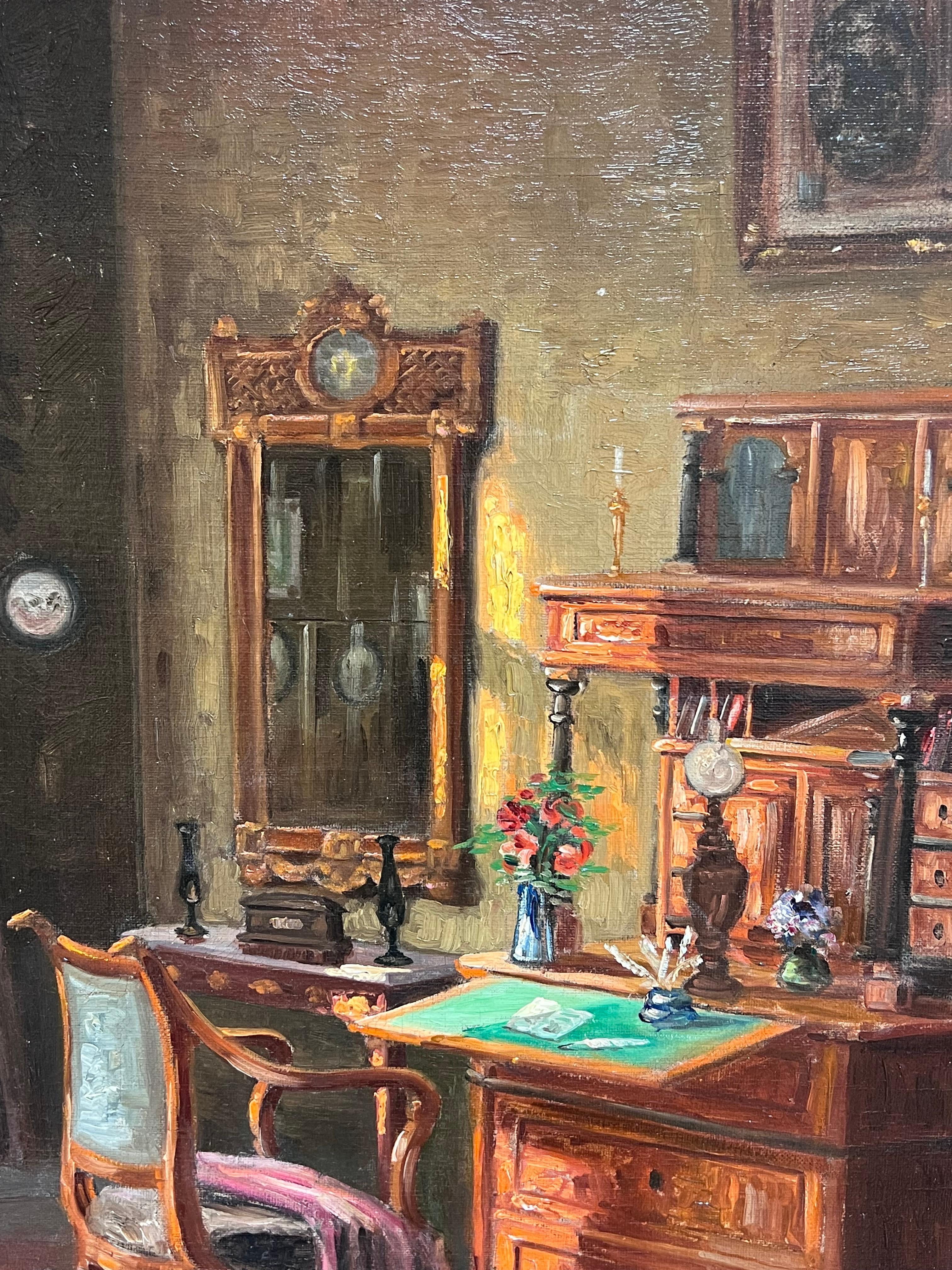Énorme huile signée French Room 1900 Scène d'intérieur de salon Belle pièce en vente 2