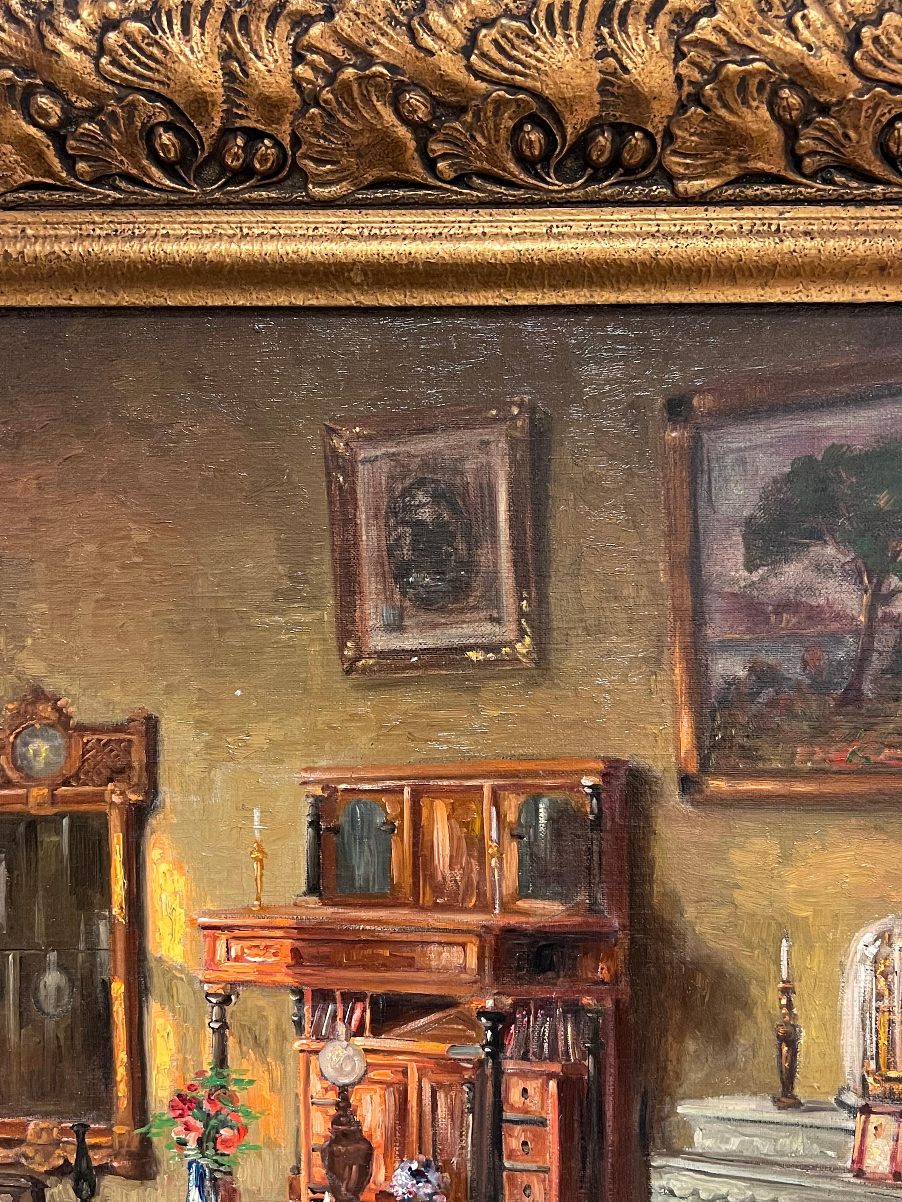 Énorme huile signée French Room 1900 Scène d'intérieur de salon Belle pièce en vente 3