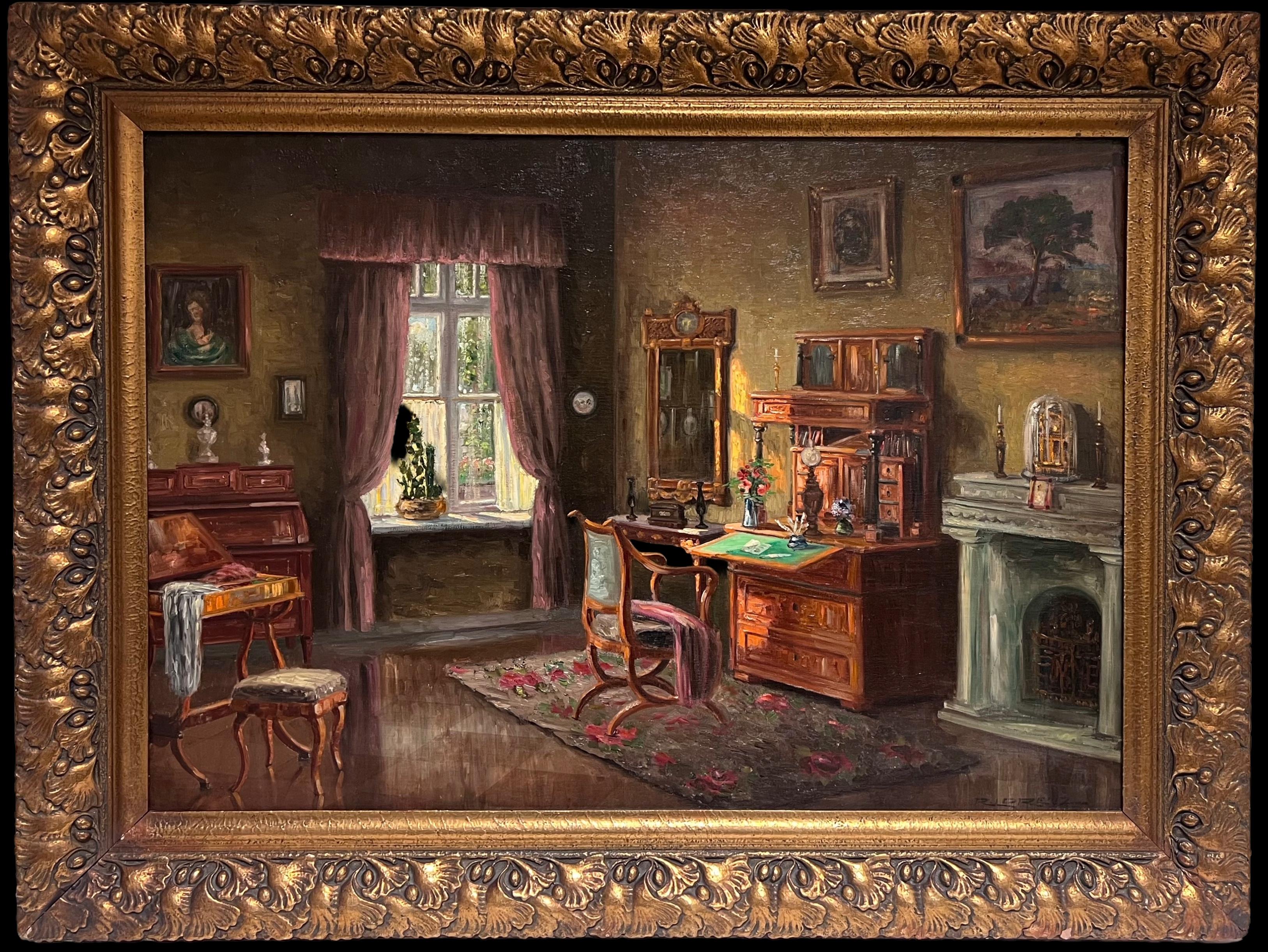 Riesige 1900's Französisch signiert Öl Wohnzimmer Wohnzimmer Innenraum Szene Schönes Zimmer