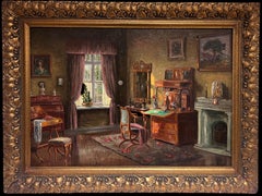 Énorme huile signée French Room 1900 Scène d'intérieur de salon Belle pièce