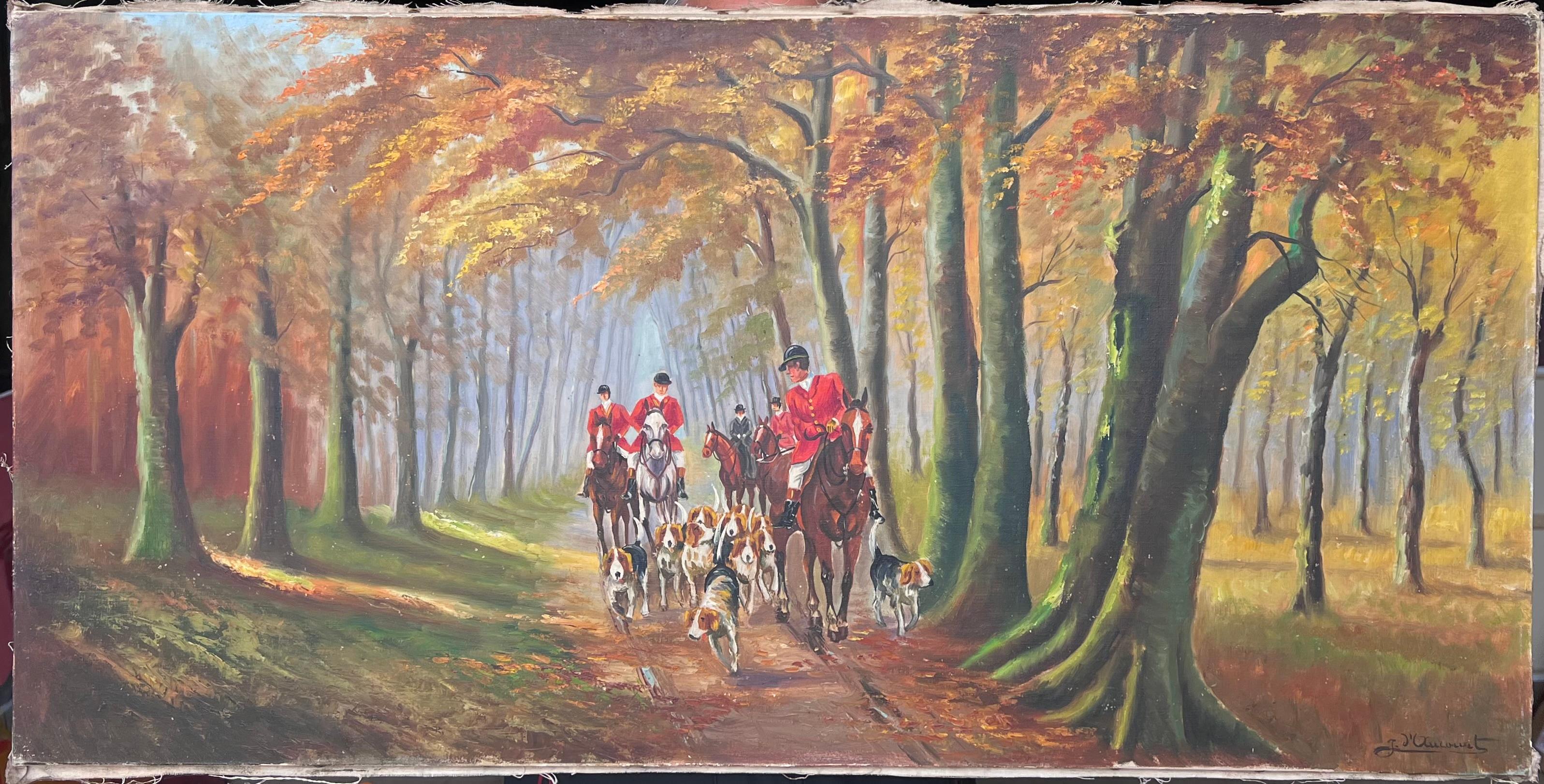 Grande peinture à l'huile française Vintage By Scène de chasse Coates rouges Chevaux et chiens courants - Painting de Antique French
