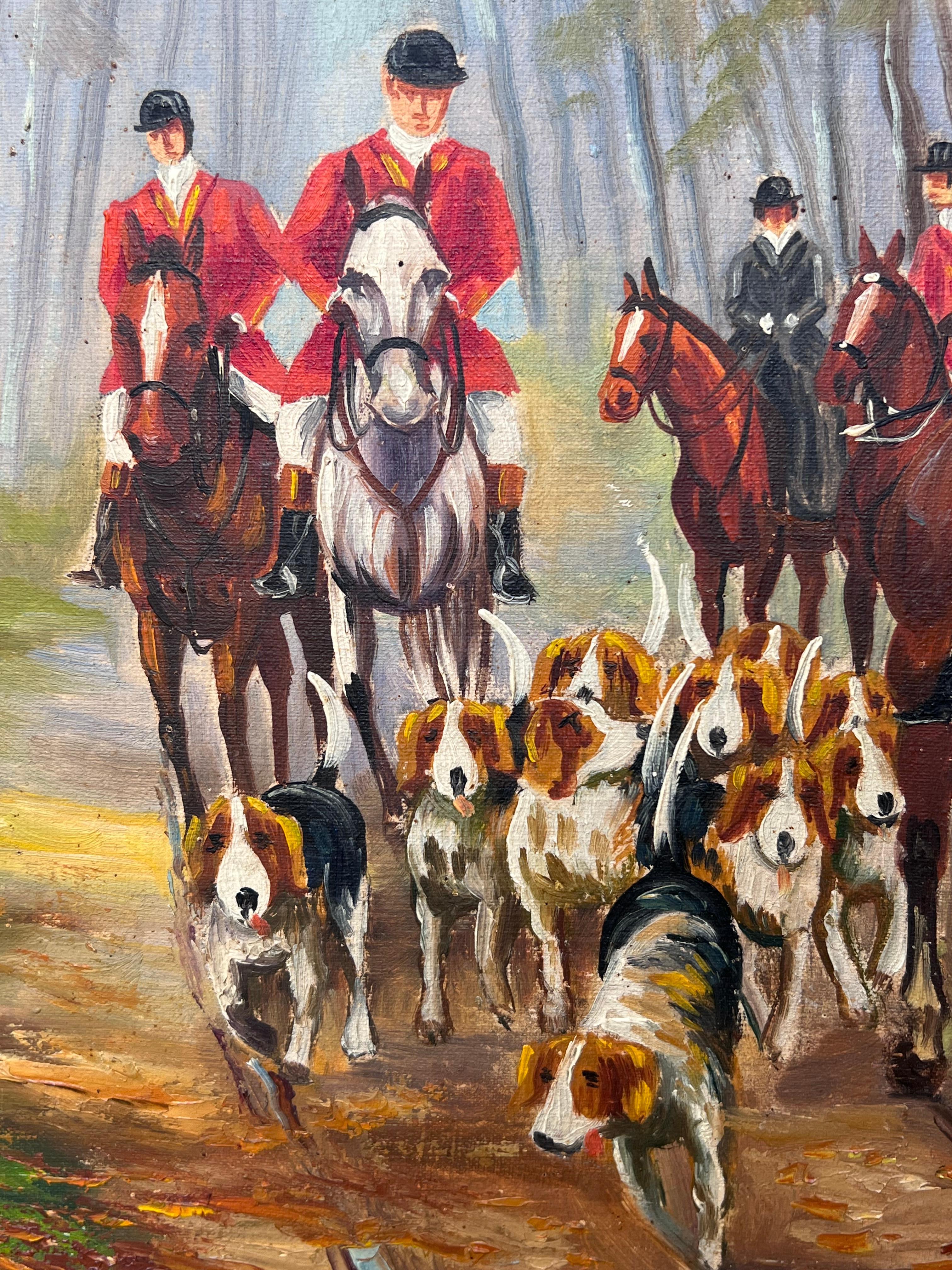 Grande peinture à l'huile française Vintage By Scène de chasse Coates rouges Chevaux et chiens courants - Victorien Painting par Antique French