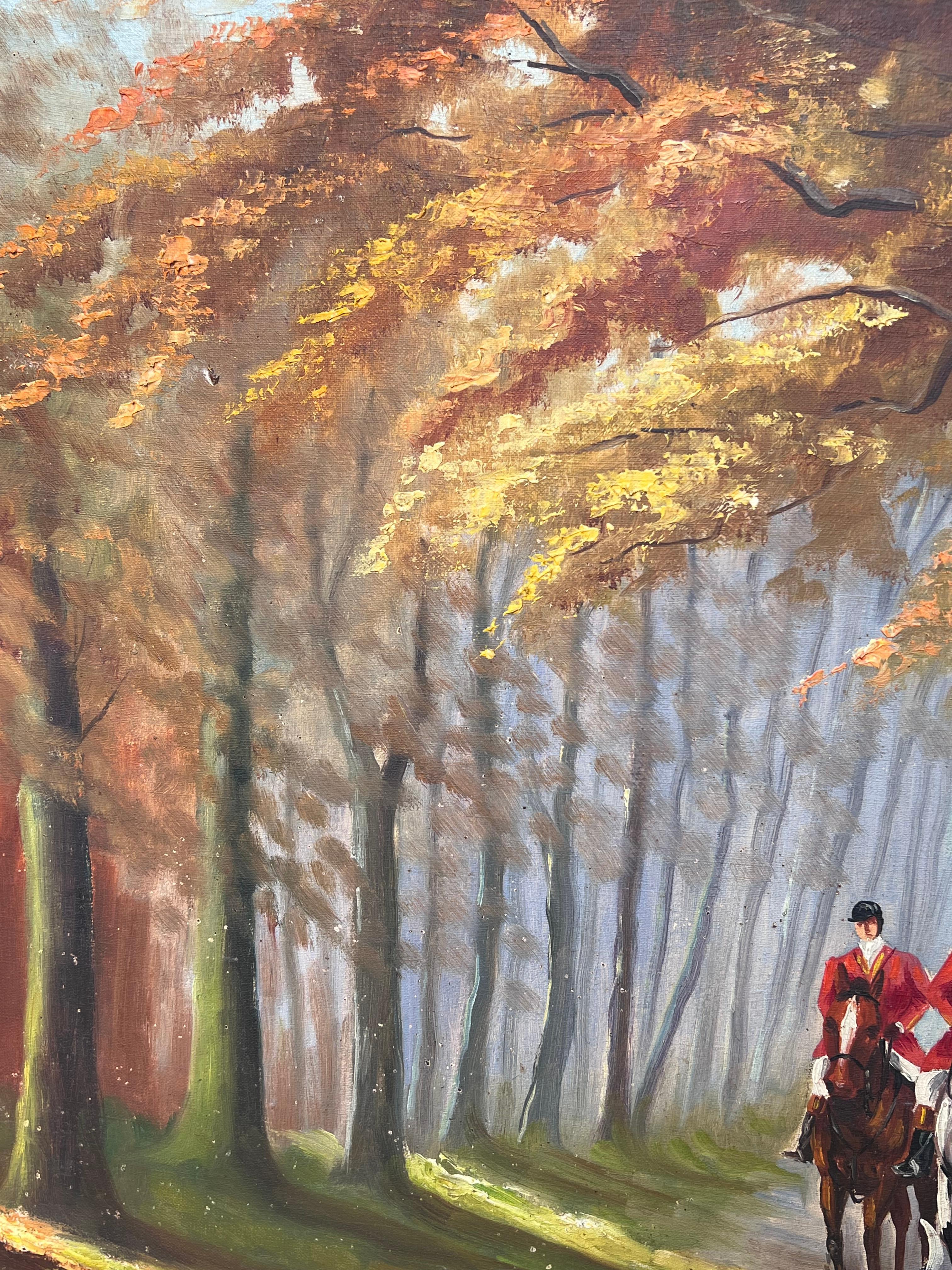 Grande peinture à l'huile française Vintage By Scène de chasse Coates rouges Chevaux et chiens courants - Marron Landscape Painting par Antique French