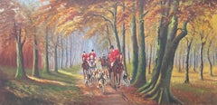 Huge French Vintage Oil Painting Hunting Scene Red Coats Horses & Hounds