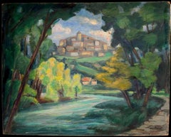 Provençal Riverside Village Landscape, French Post-Impressionist Oil c.1930