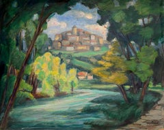 Provençal Riverside Village Landscape, French Post-Impressionist Oil c.1930