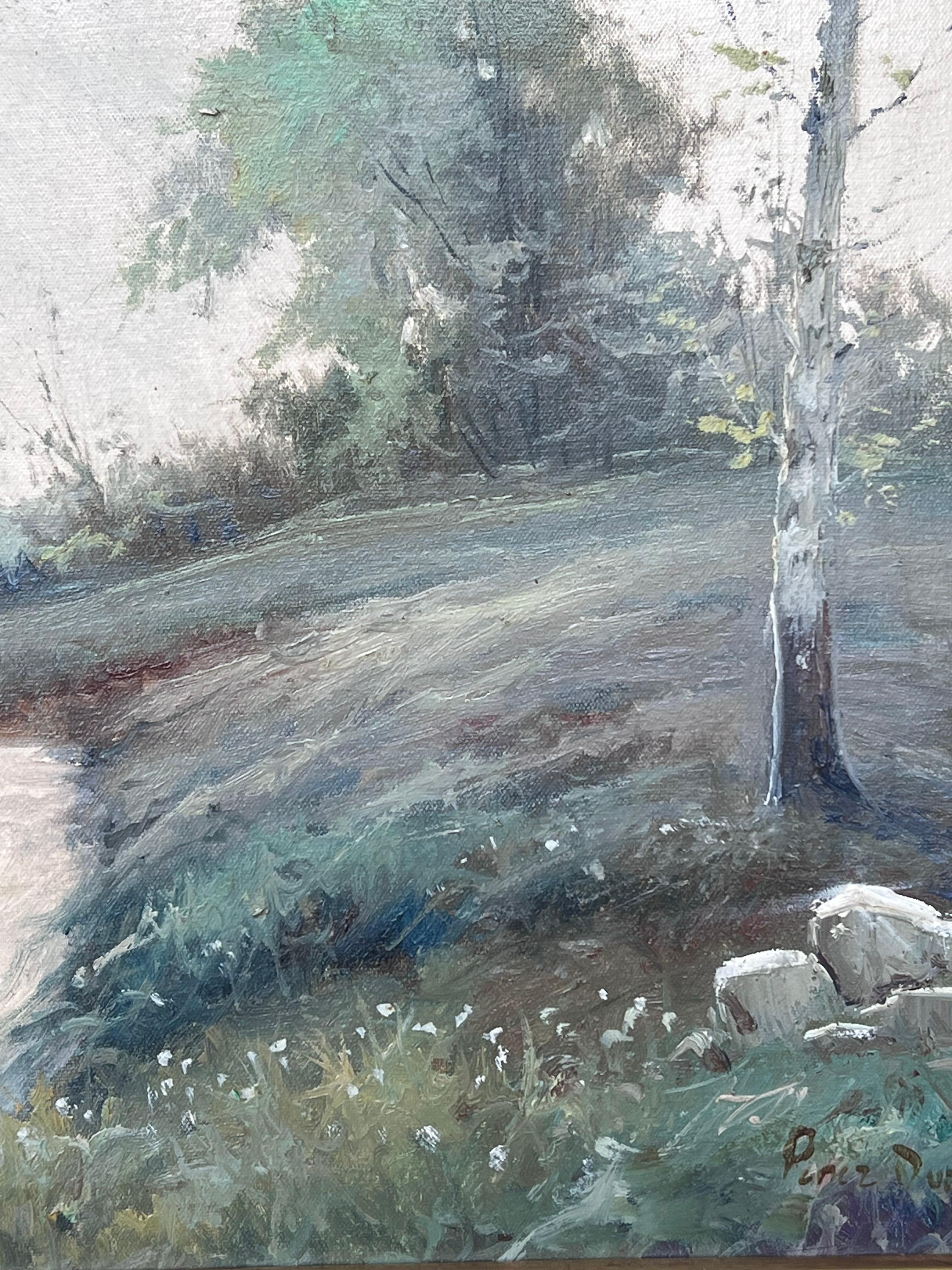 Hirte & Schafe Neblige Französische Landschaft Ländliches Land Lane's Signiertes Ölgemälde (Französische Schule), Painting, von Antique French