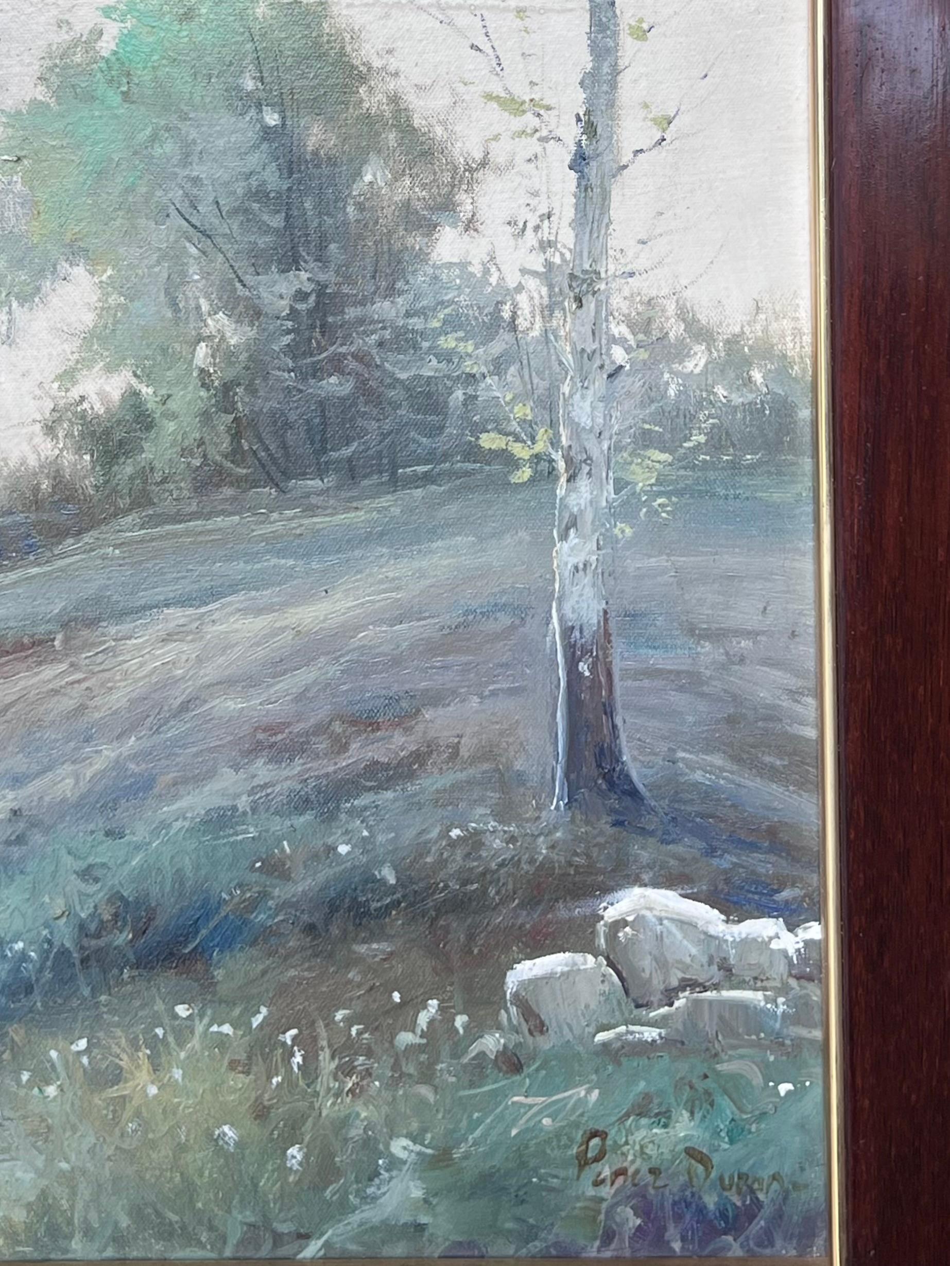 Hirte & Schafe Neblige Französische Landschaft Ländliches Land Lane's Signiertes Ölgemälde (Braun), Landscape Painting, von Antique French