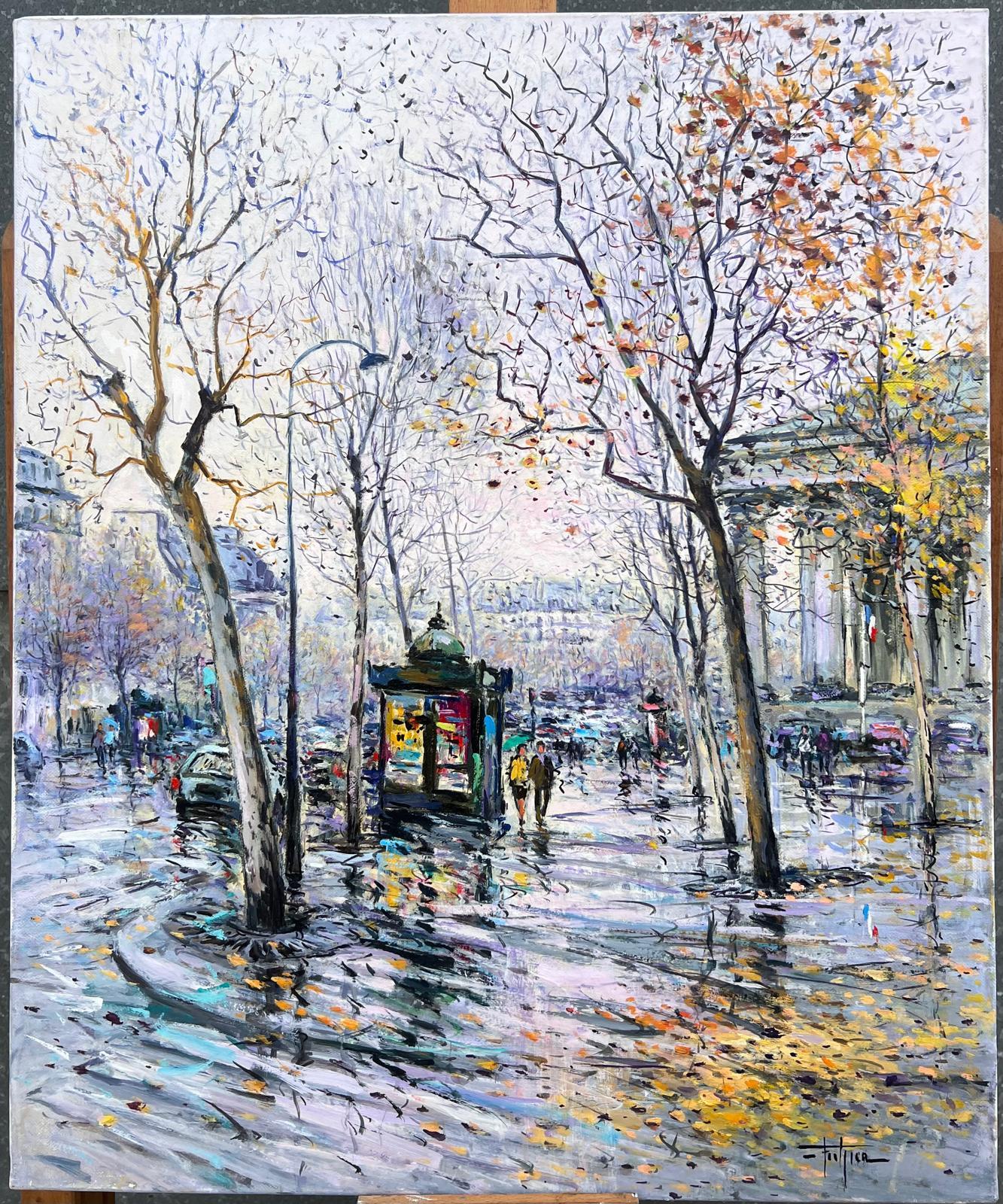 Peinture impressionniste française signée Place de la Madeleine sous une pluie d'automne - Painting de Antique French