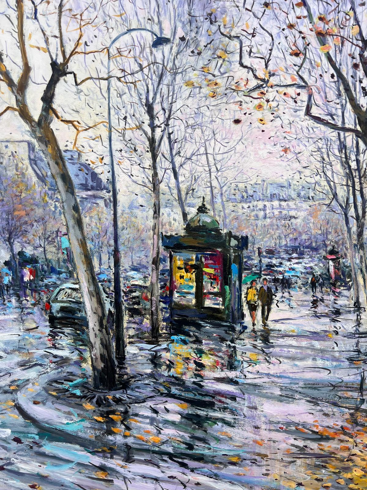 Peinture impressionniste française signée Place de la Madeleine sous une pluie d'automne - École française Painting par Antique French