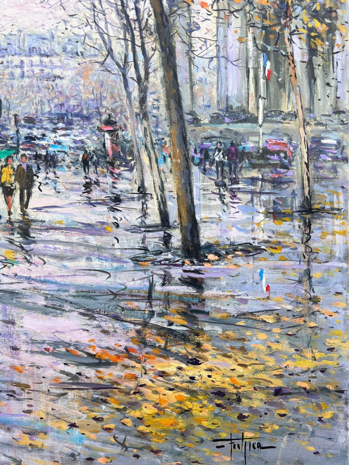 Peinture impressionniste française signée Place de la Madeleine sous une pluie d'automne - Gris Figurative Painting par Antique French