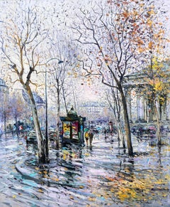 Signed French Impressionist Oil Painting Place de la Madeleine in Autumn Rain