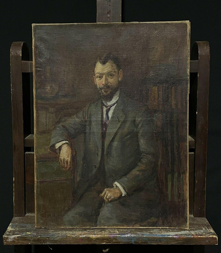 Signed French Impressionist Oil Painting Portrait of a Man seated in Library - Black Portrait Painting by Antique French