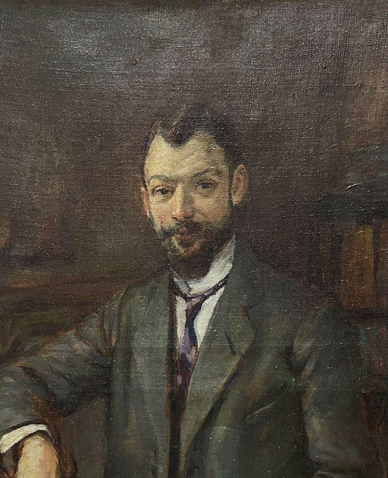 Artist/ School: French School, indistinctly signed, dated 1910

Title: Portrait of a man seated in a library room of books. 

Medium:  signed oil painting on canvas, unframed

canvas: 24 x 18 inches

Provenance: private collection,