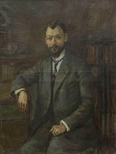 Signed French Impressionist Oil Painting Portrait of a Man seated in Library