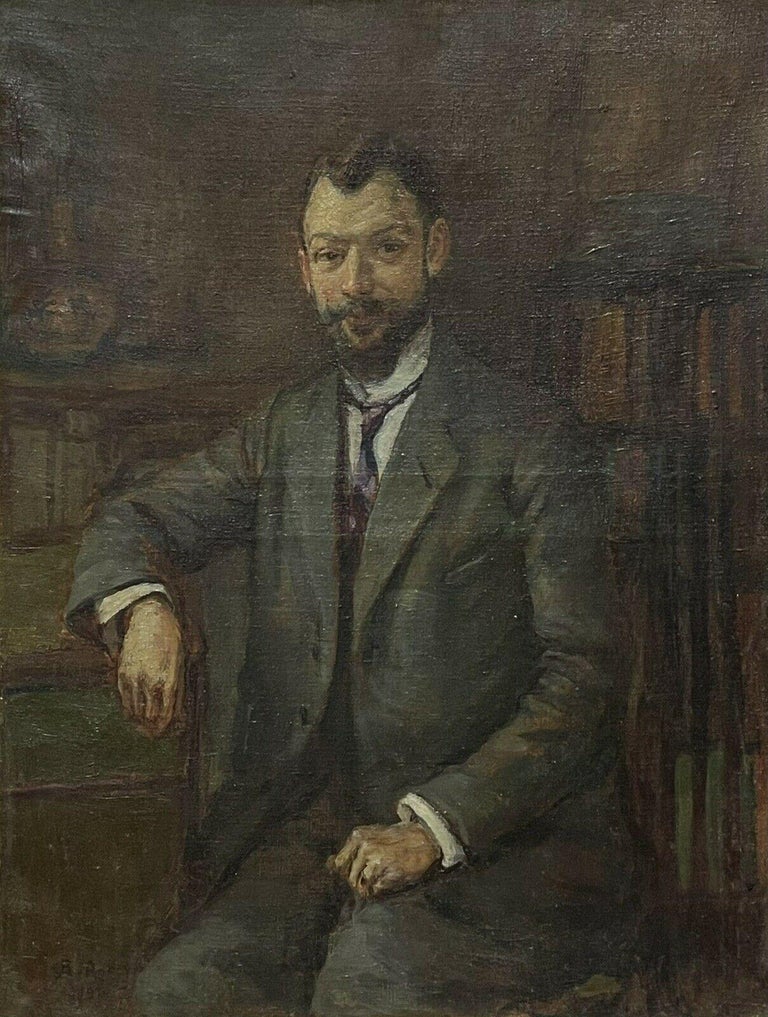 Antique French Portrait Painting - Signed French Impressionist Oil Painting Portrait of a Man seated in Library