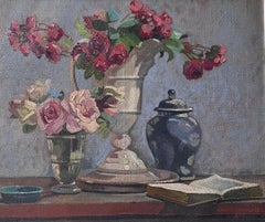 Bodegón de Rosas en Jarrones Escena Interior Pintura al Óleo Vintage Francesa Firmada