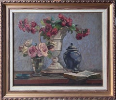Still Life of Roses in Vases Interior Scene Vintage French Signed Oil Painting