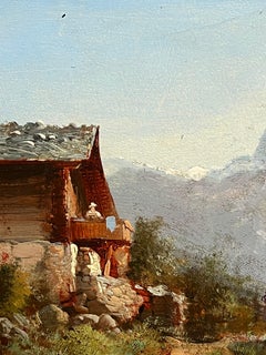 Schweizer Alpen Chalet Schnee Berge Antike Ölgemälde Gerahmt