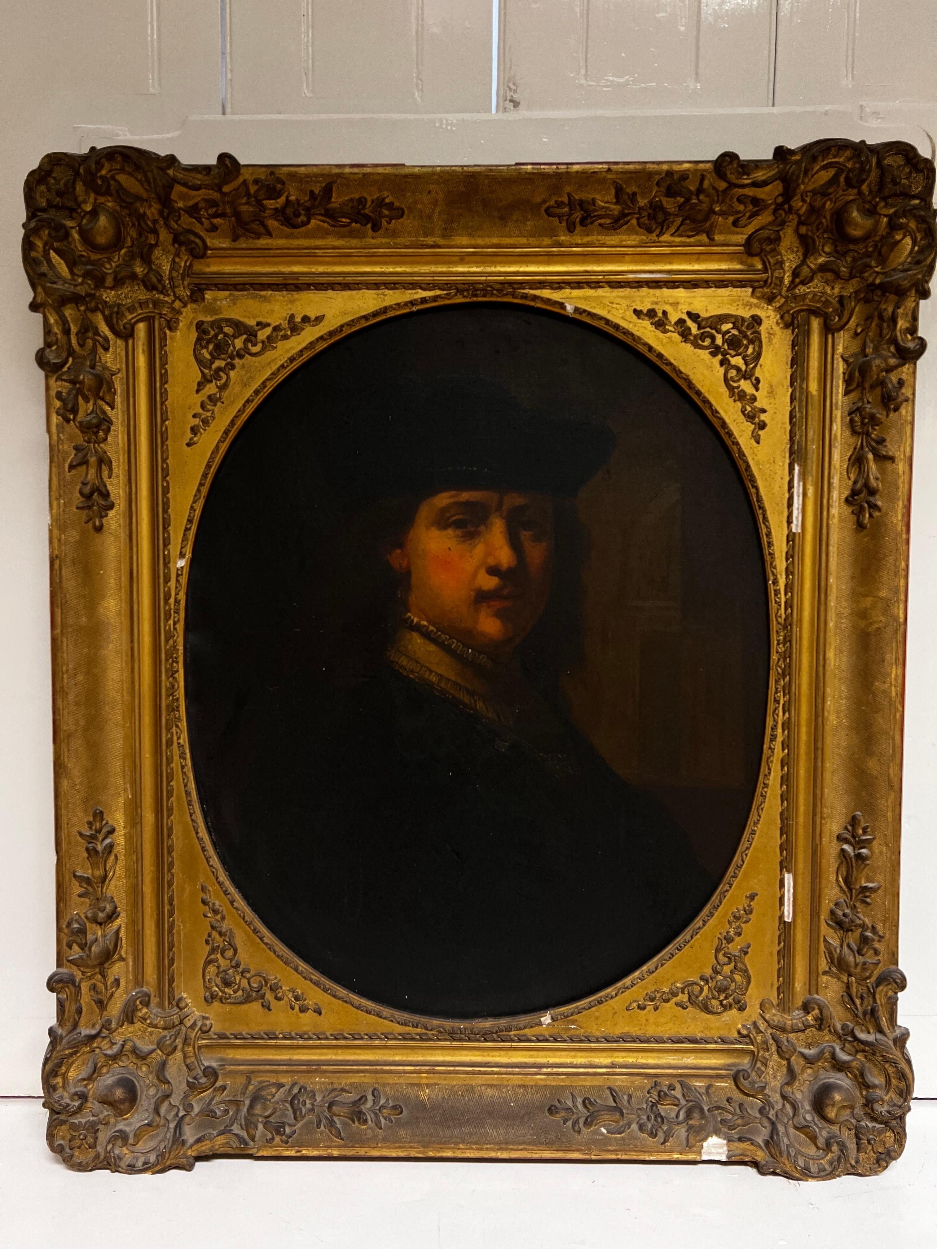 Cuadro al óleo muy grande antiguo French Old Master según Rembrandt, autorretrato - Painting de Antique French