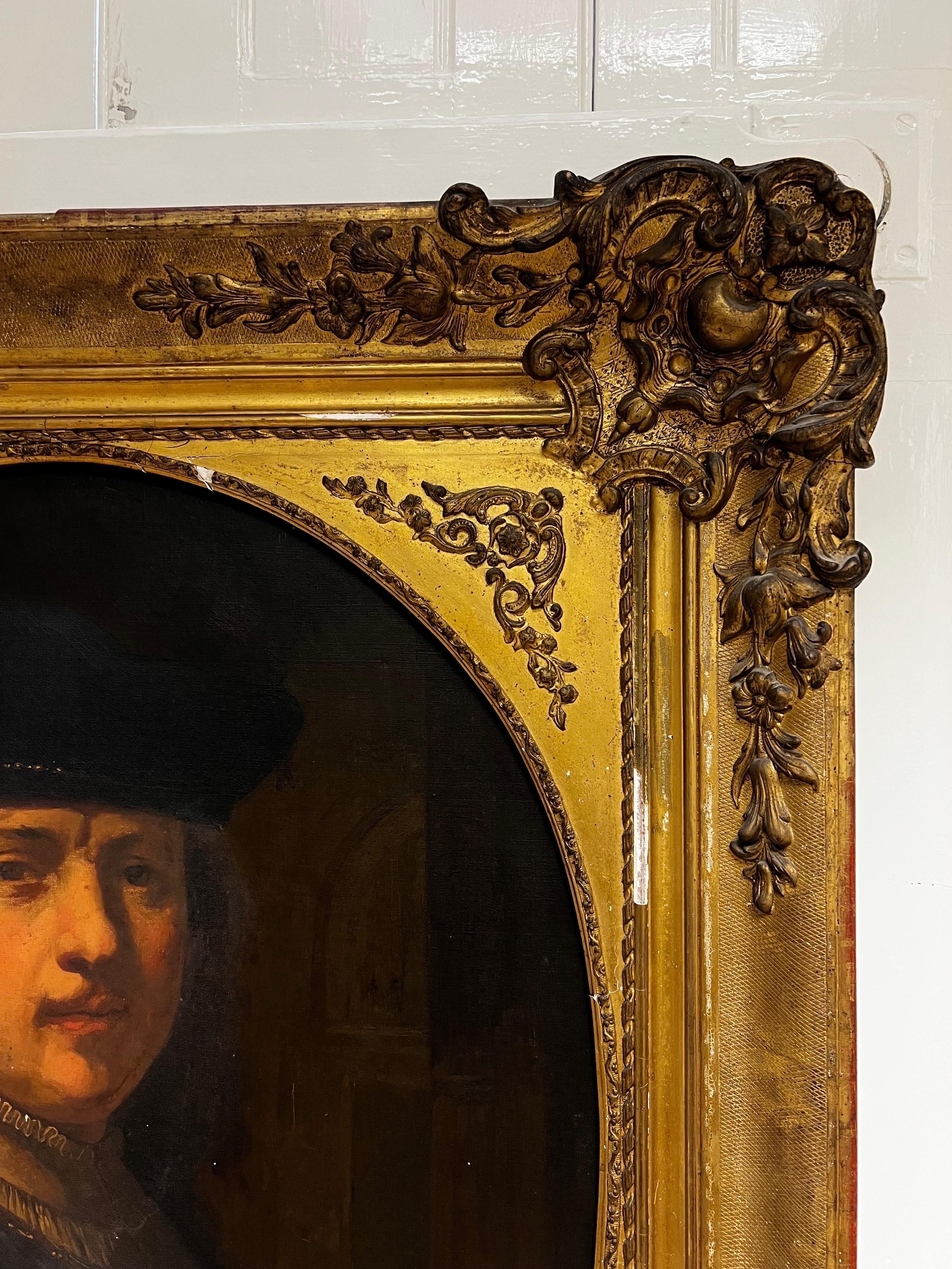 Cuadro al óleo muy grande antiguo French Old Master según Rembrandt, autorretrato - Portrait Painting Negro de Antique French