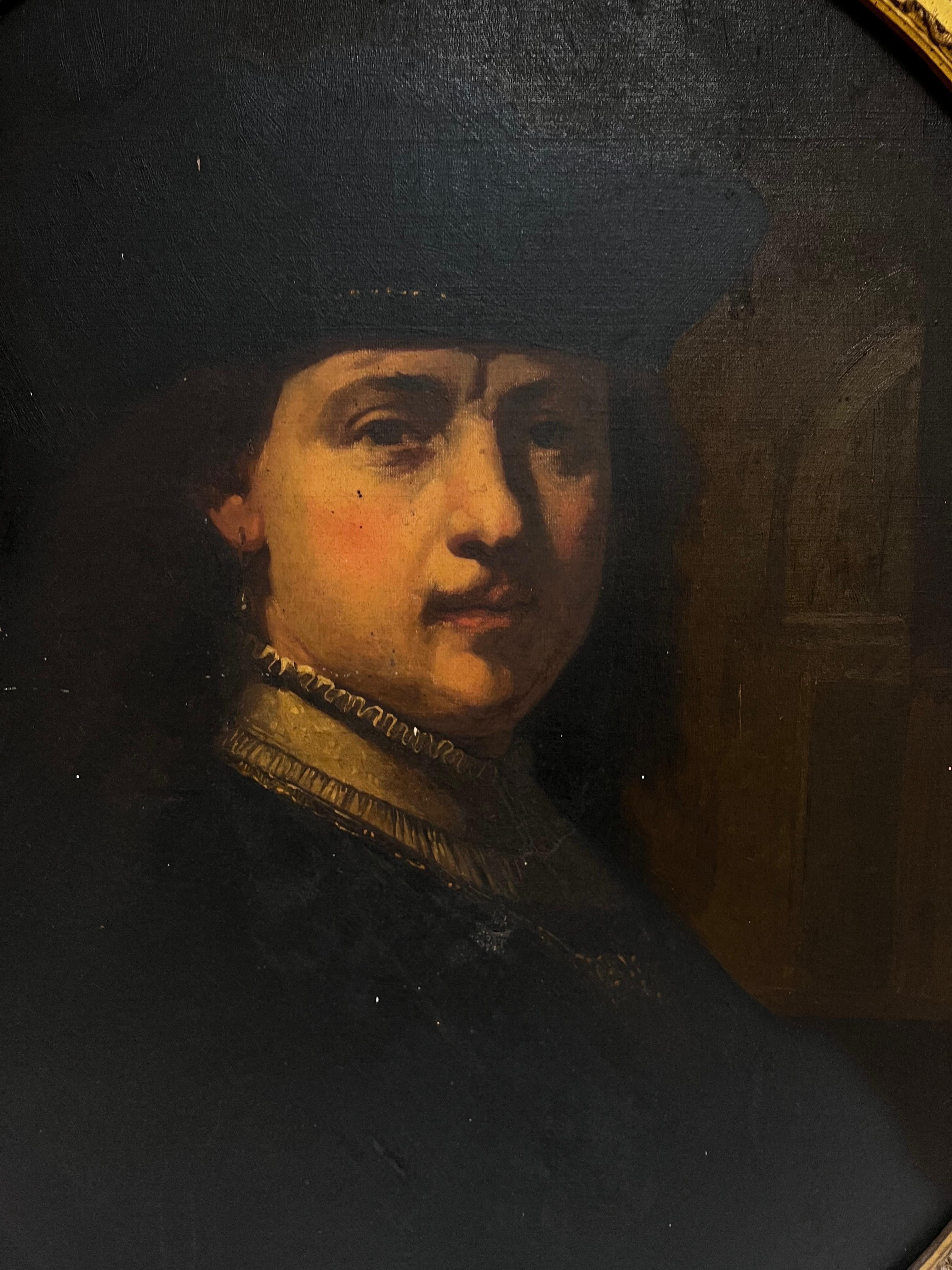 Very Large Antique French Old Master Oil Painting after Rembrandt, self portrait For Sale 1