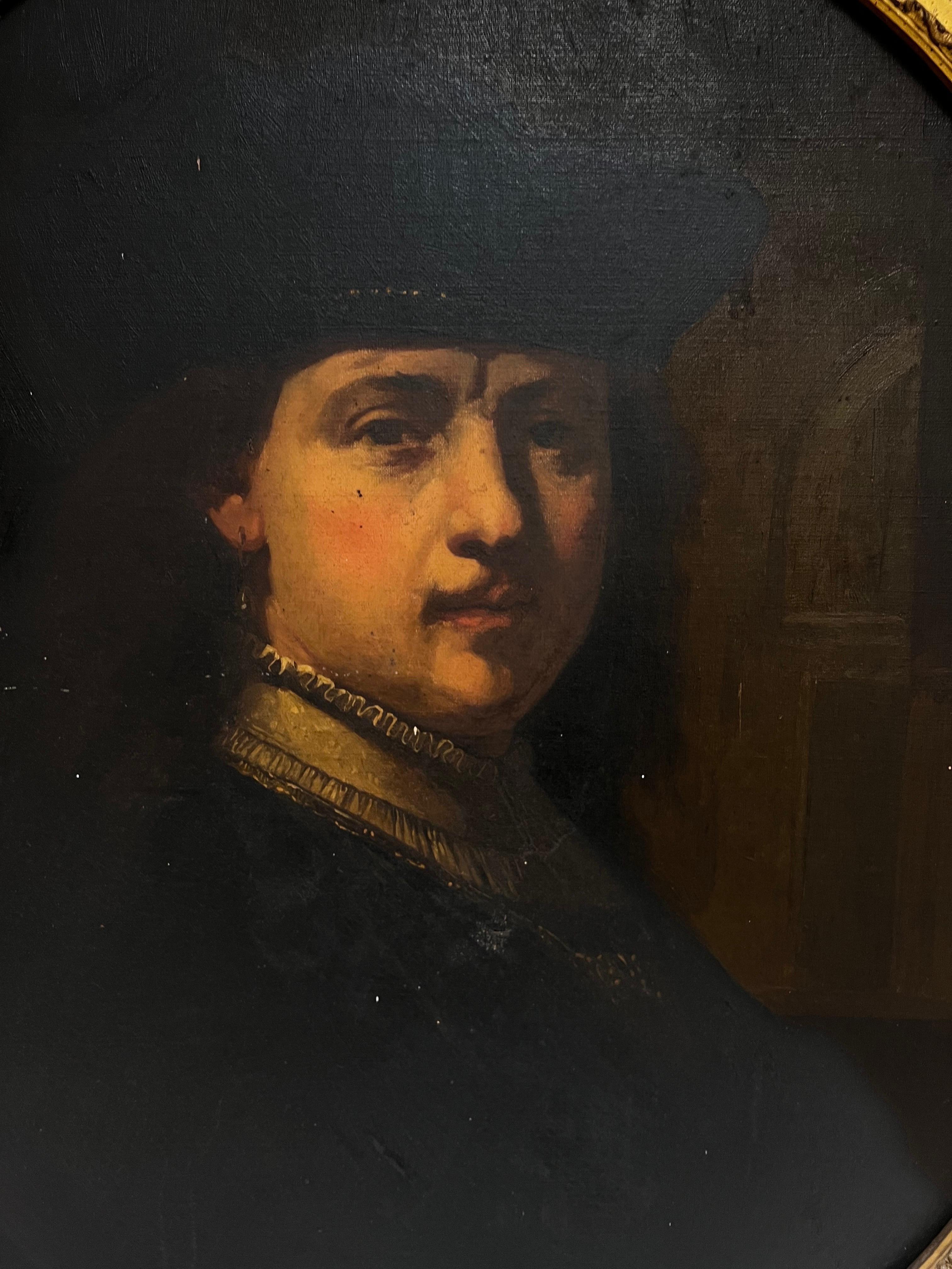Artista/ Escuela: Escuela francesa, siglo XIX, según la obra anterior de Rembrandt

Título: Autorretrato del artista

Técnica: óleo sobre lienzo, enmarcado en bastidor antiguo de barrido dorado. 

Enmarcado: 31,5 x 38 pulgadas
Lienzo: 28,5 x 23