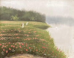 Vintage Französisch Impressionist Malerei Picking Wild Flowers Lakeland Meadows