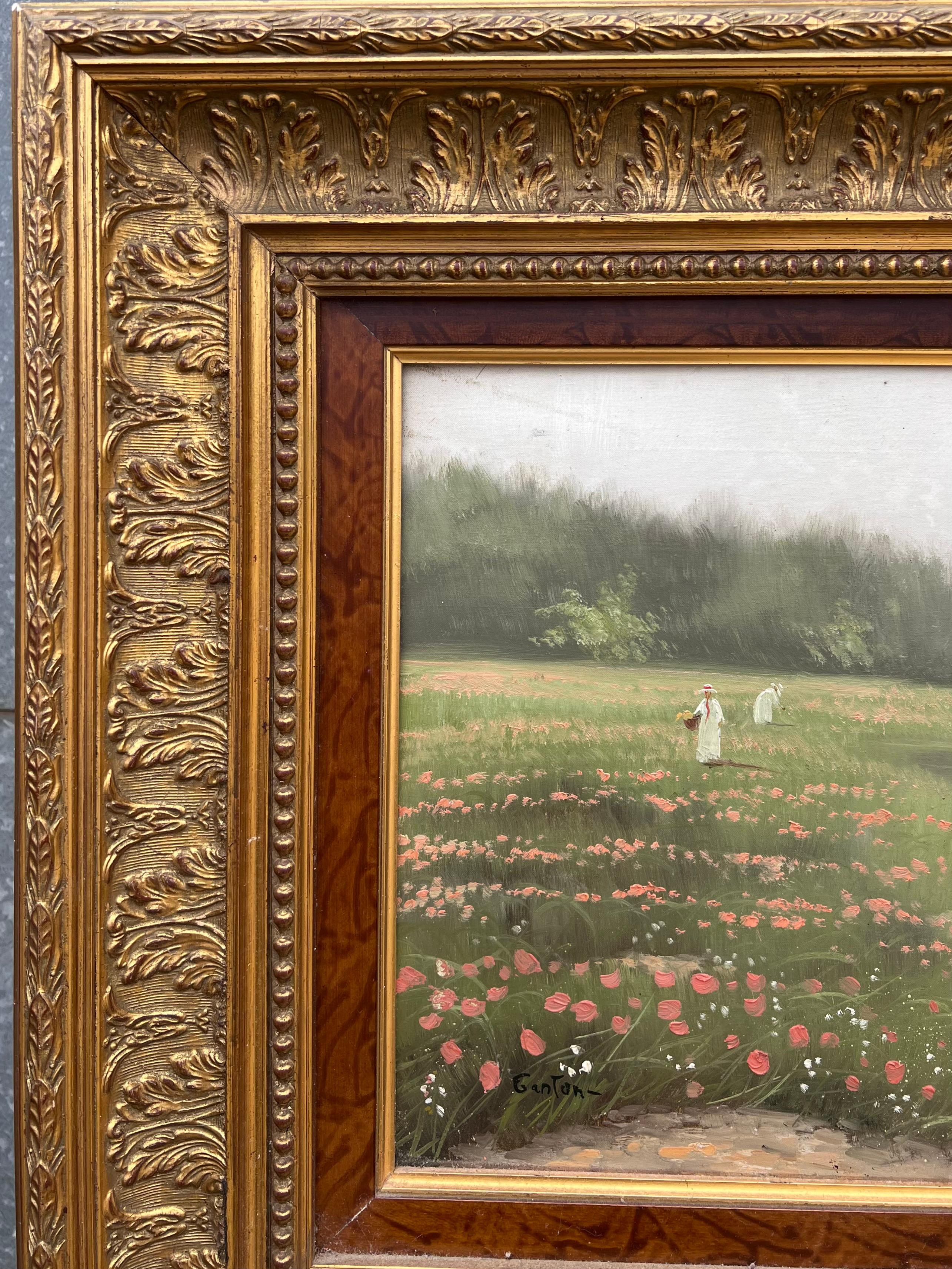 Vintage Französisch Impressionist Malerei Picking Wild Flowers Lakeland Meadows (Viktorianisch), Painting, von Antique French