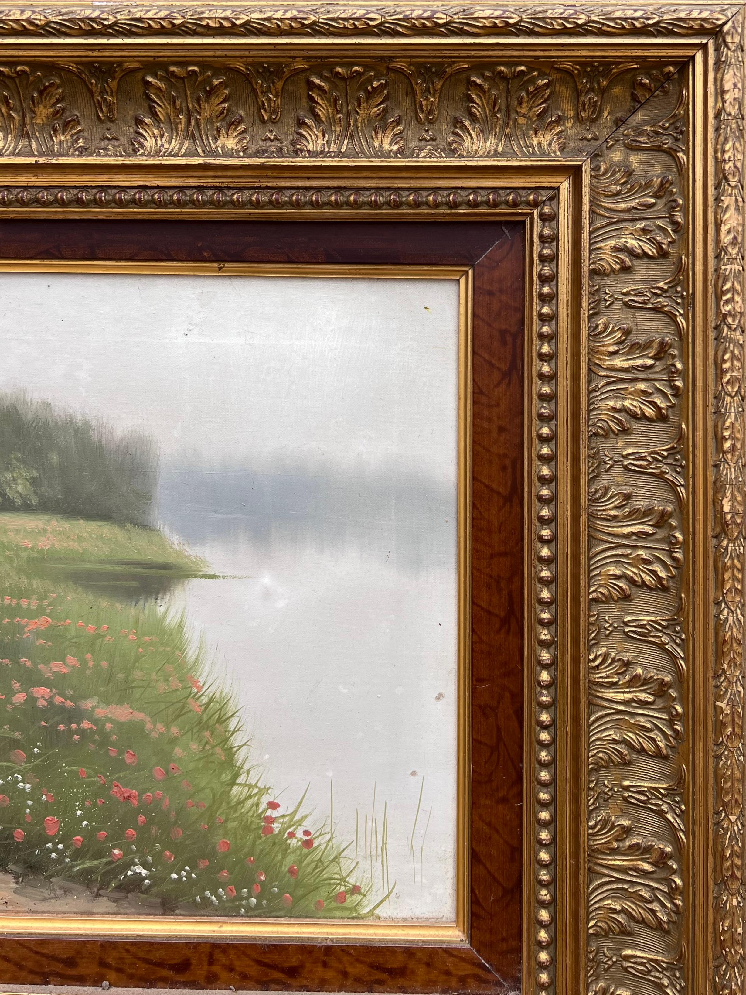 Vintage Französisch Impressionist Malerei Picking Wild Flowers Lakeland Meadows (Braun), Landscape Painting, von Antique French