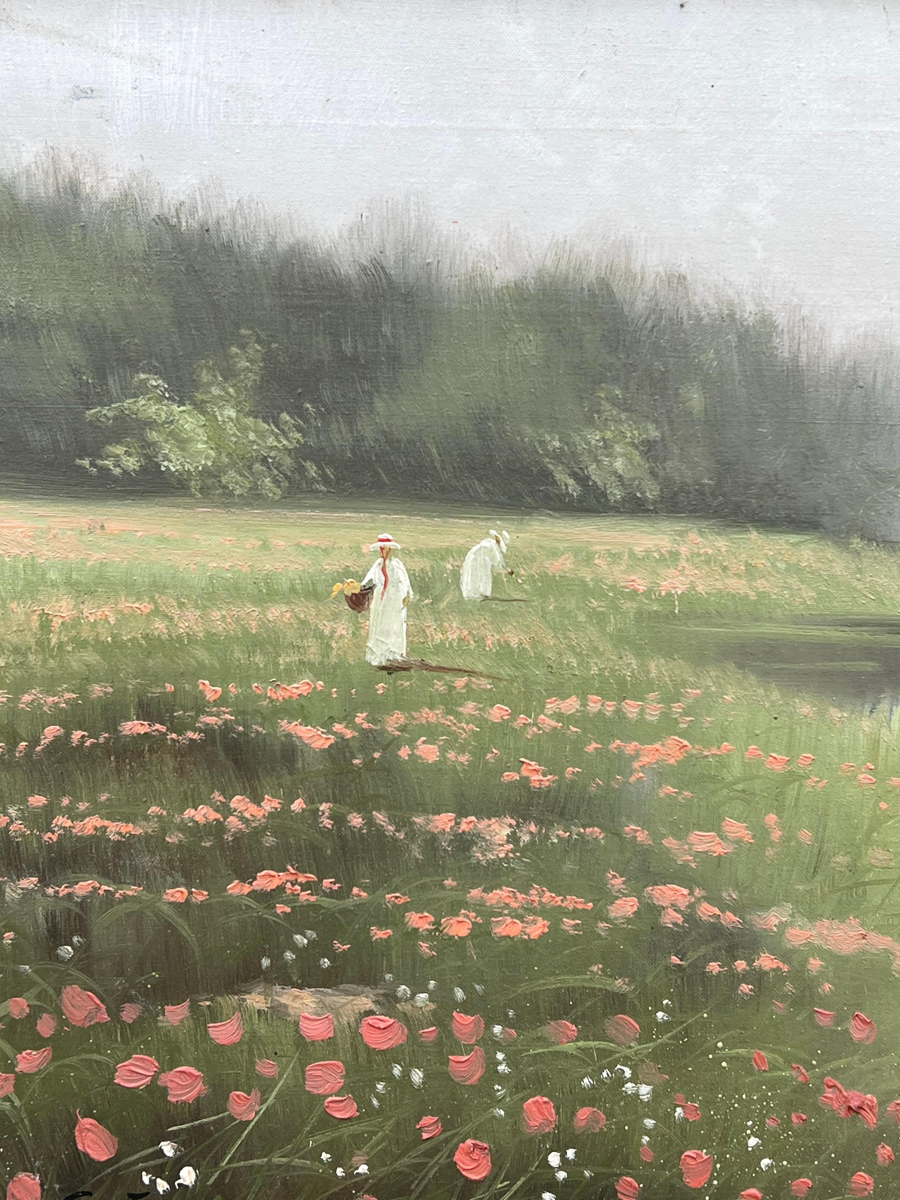 Vintage Französisch Impressionist Malerei Picking Wild Flowers Lakeland Meadows im Angebot 2