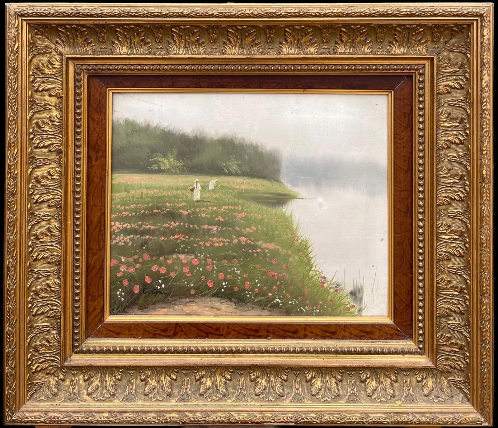 Antique French Landscape Painting – Vintage Französisch Impressionist Malerei Picking Wild Flowers Lakeland Meadows