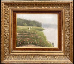 Vintage French Impressionist Painting Picking Wild Flowers Lakeland Meadows