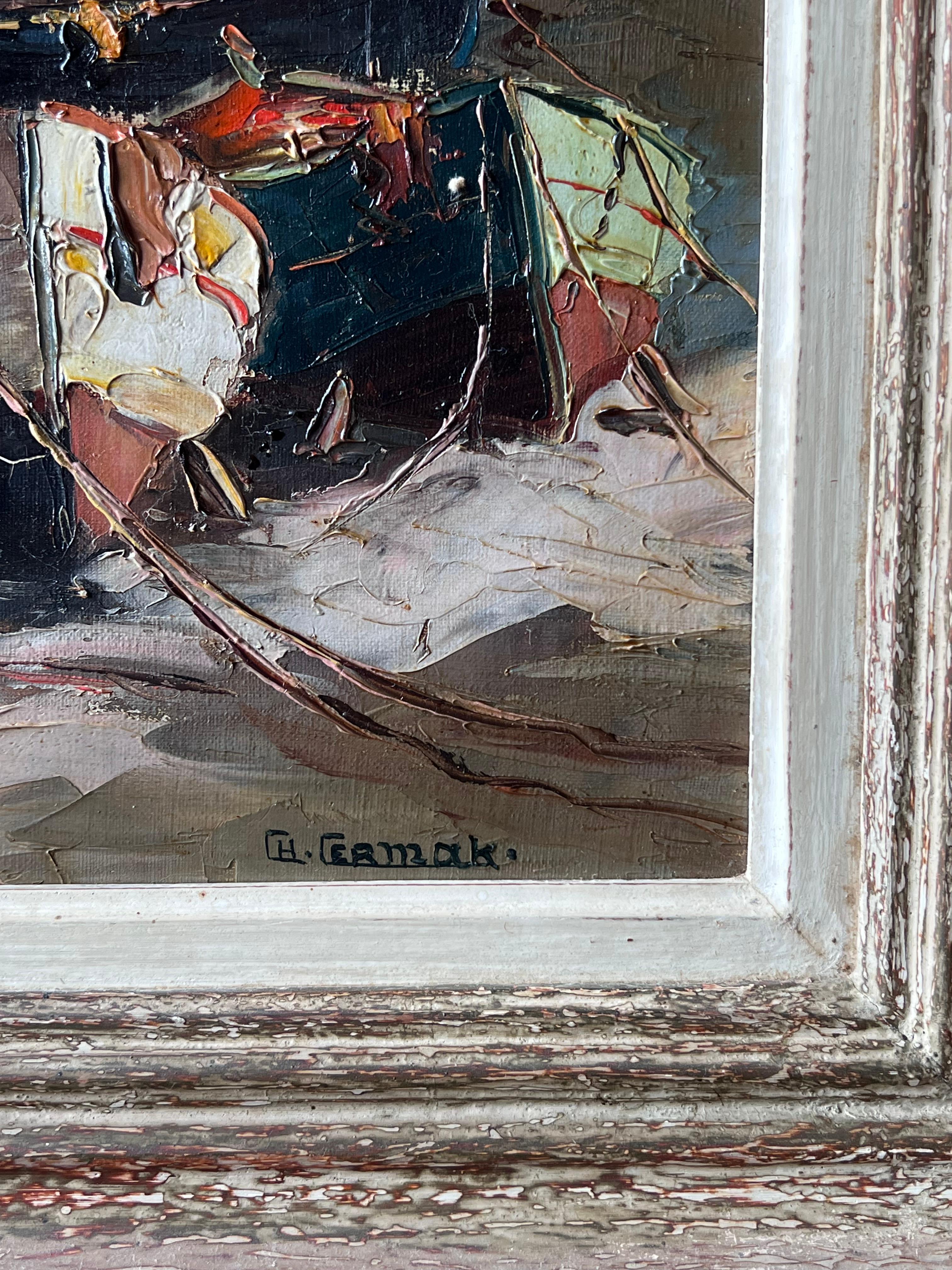 Vintage Französisch signiert Ölgemälde Sleepy Boote im Mittelmeer Fischereihafen im Angebot 5