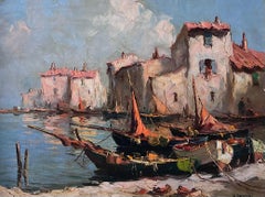 Vintage French Signed Oil Painting Sleepy Boats in Mediterranean Fishing Harbor