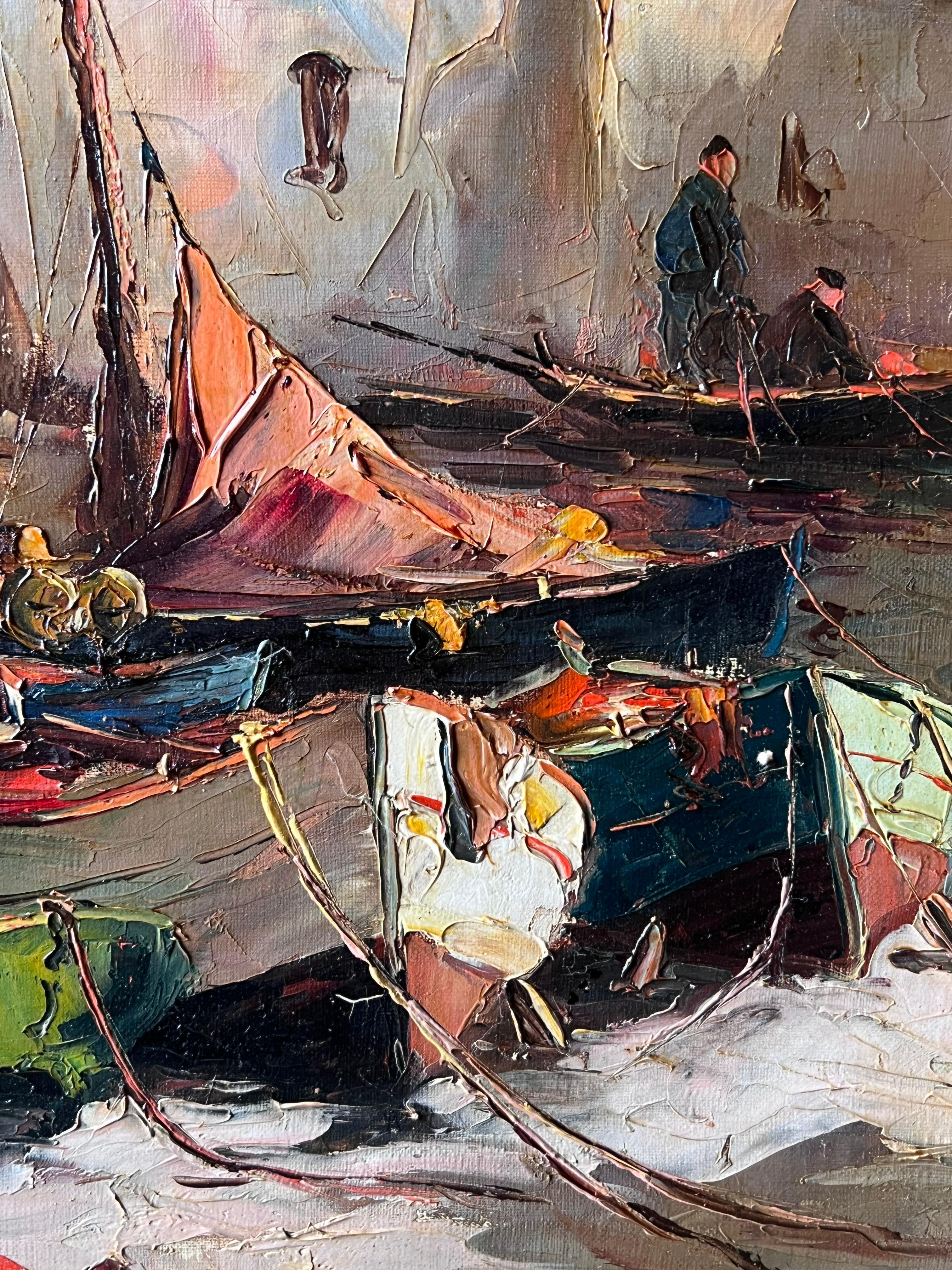 Vintage Französisch signiert Ölgemälde Sleepy Boote im Mittelmeer Fischereihafen (Französische Schule), Painting, von Antique French