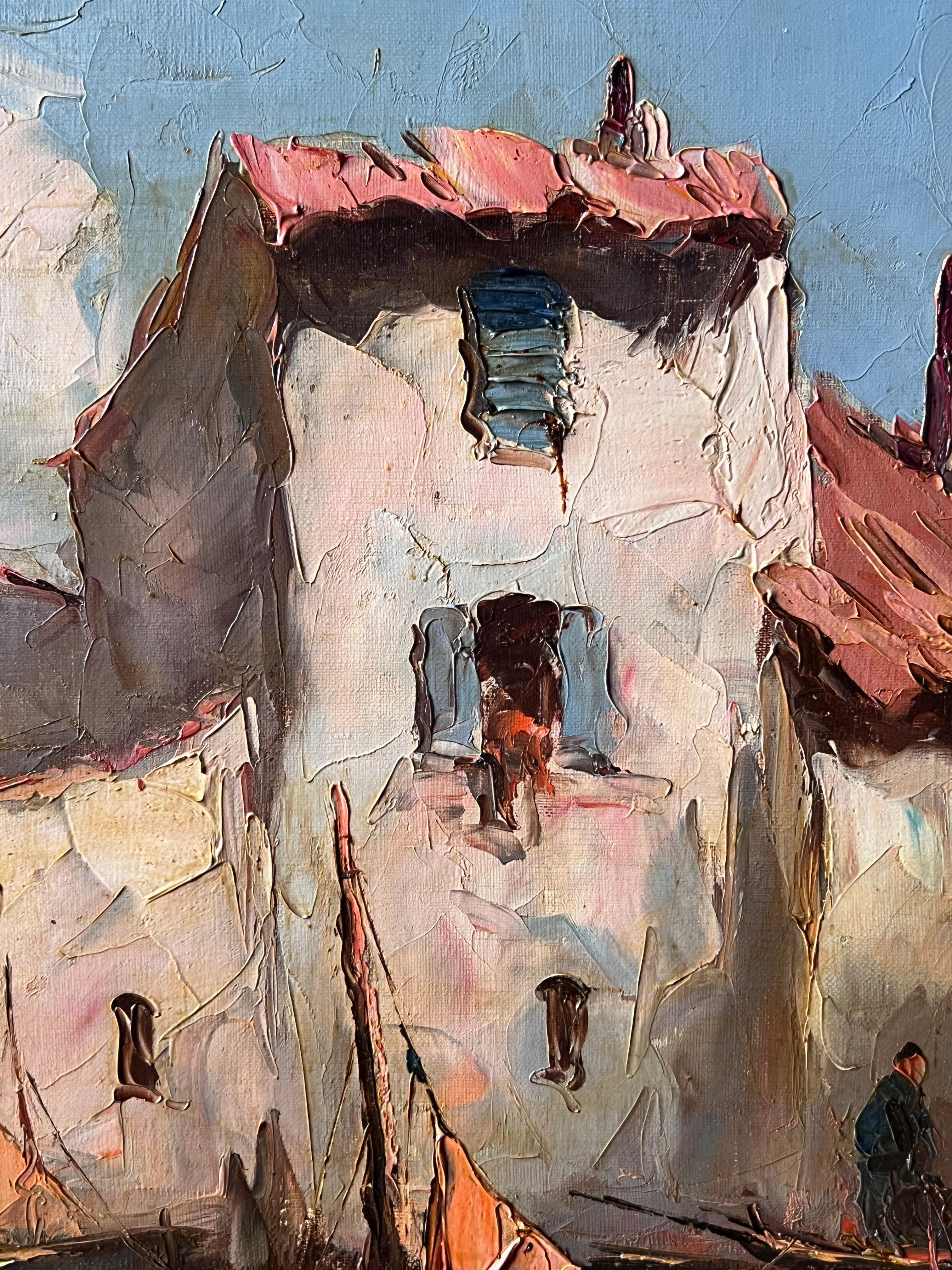 Vintage Französisch signiert Ölgemälde Sleepy Boote im Mittelmeer Fischereihafen (Grau), Figurative Painting, von Antique French