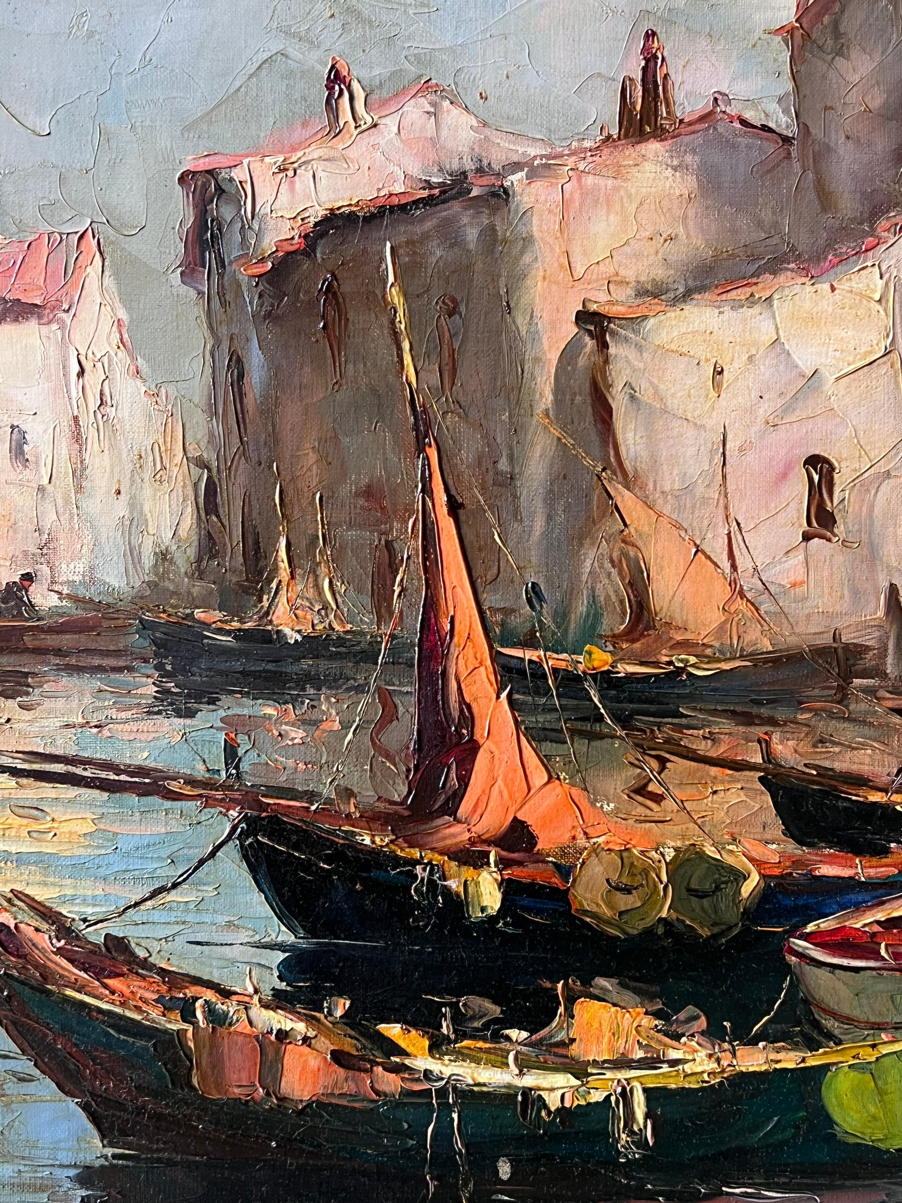 Vintage Französisch signiert Ölgemälde Sleepy Boote im Mittelmeer Fischereihafen im Angebot 1