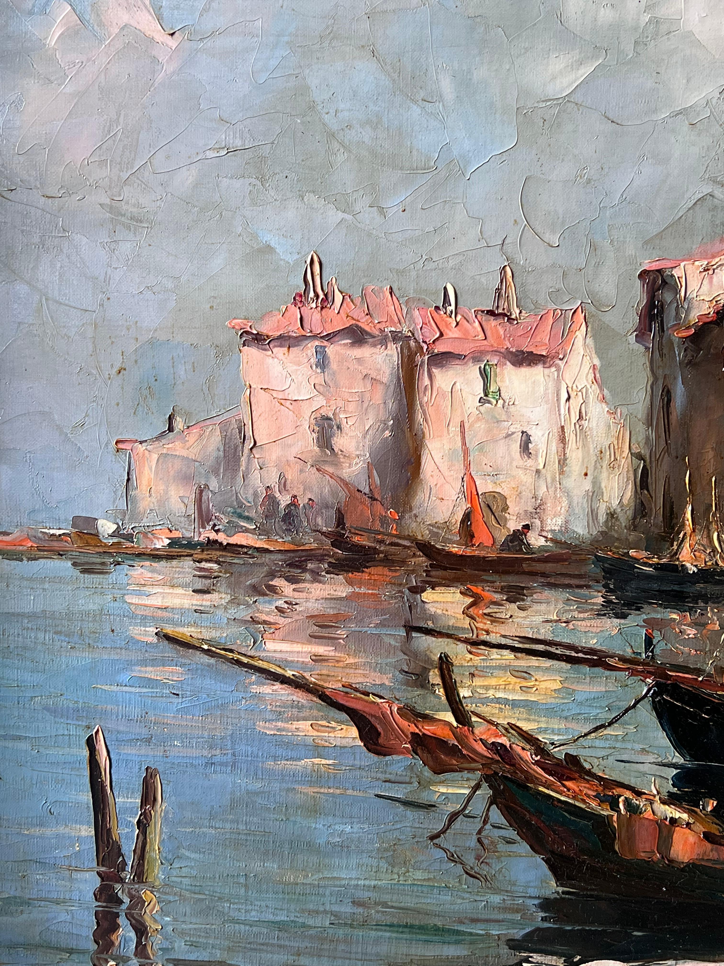 Vintage Französisch signiert Ölgemälde Sleepy Boote im Mittelmeer Fischereihafen im Angebot 2