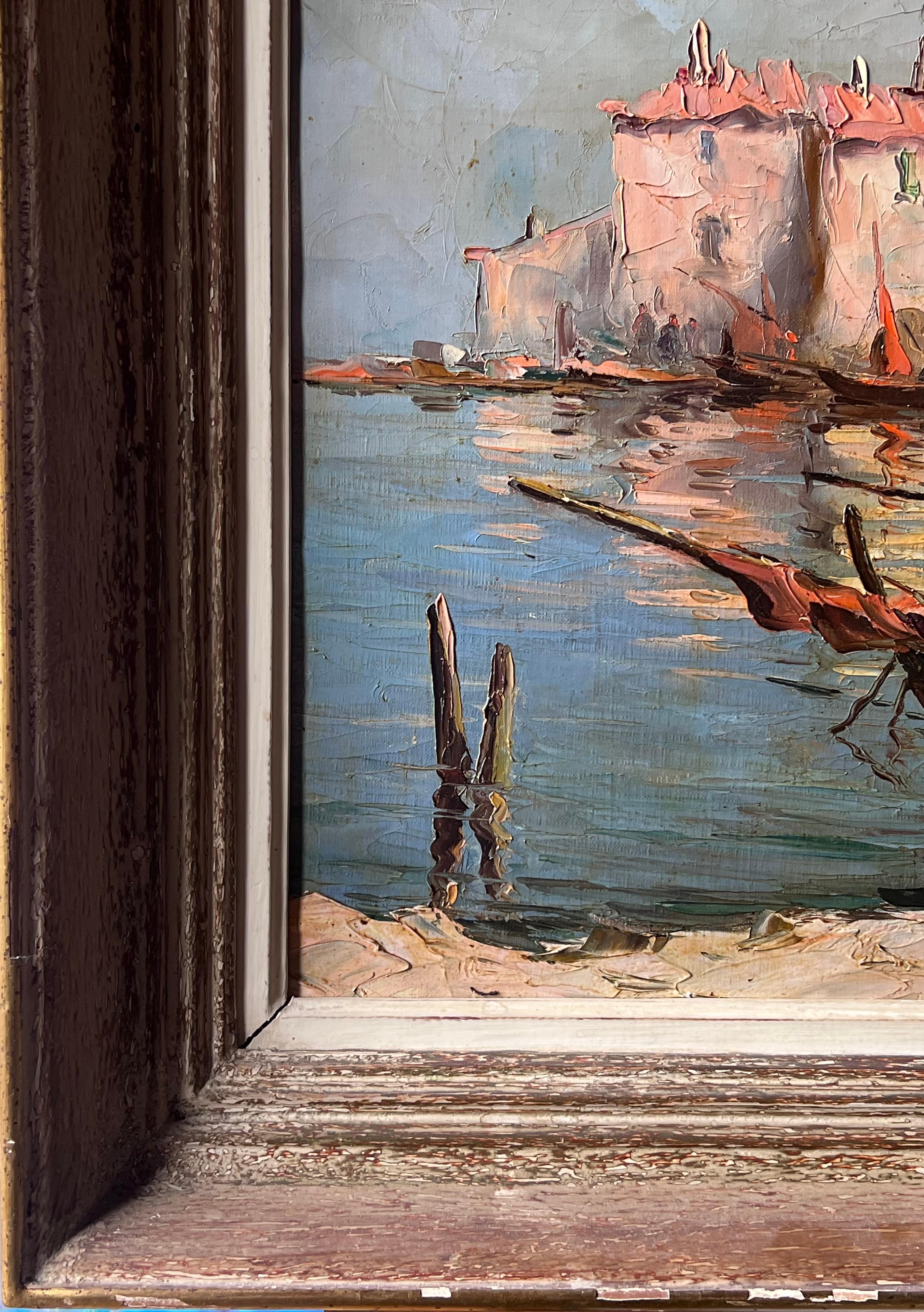 Vintage Französisch signiert Ölgemälde Sleepy Boote im Mittelmeer Fischereihafen im Angebot 3