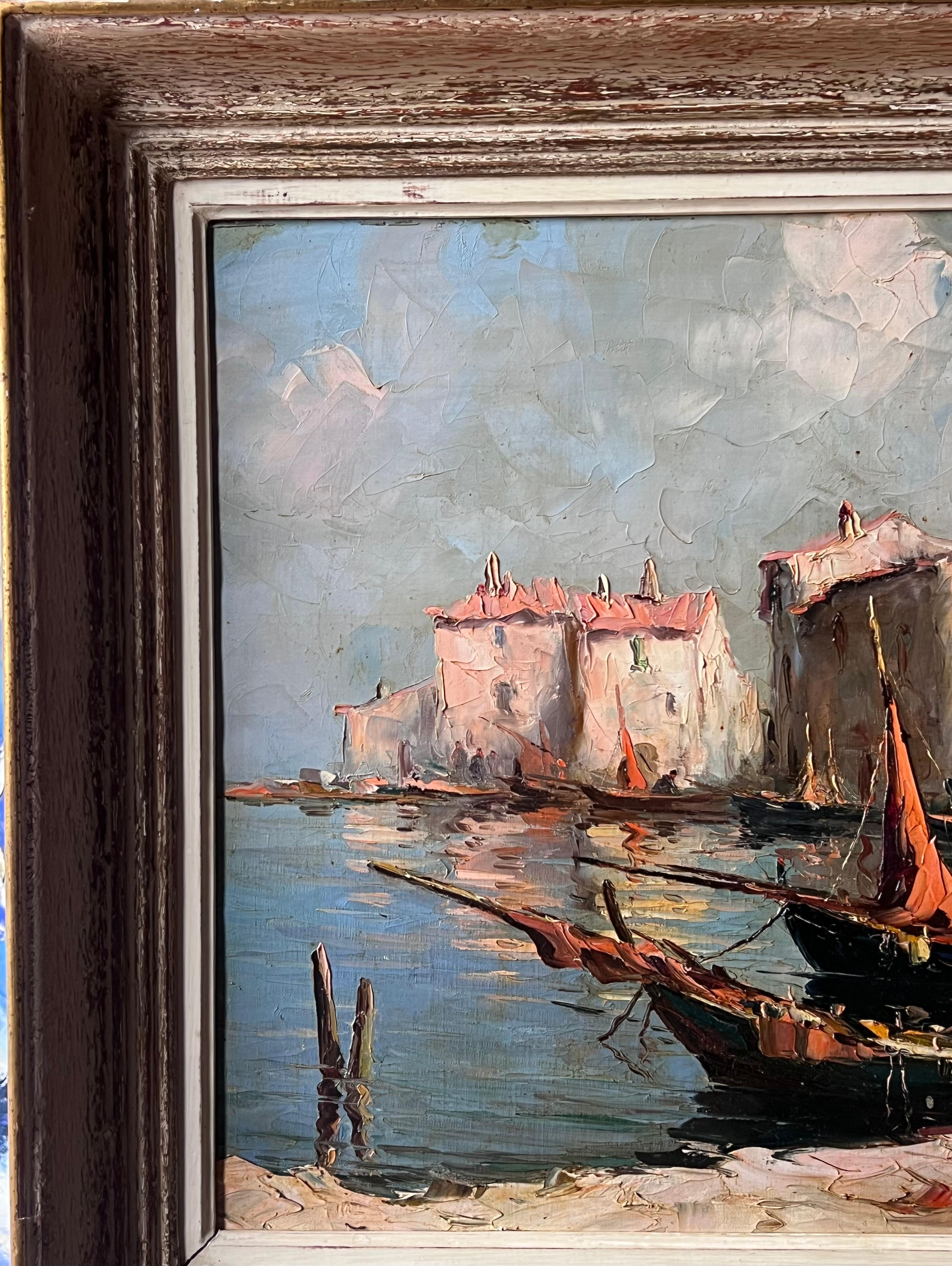 Vintage Französisch signiert Ölgemälde Sleepy Boote im Mittelmeer Fischereihafen im Angebot 4