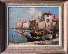 Vintage French Signed Oil Painting Sleepy Boats in Mediterranean Fishing Harbor
