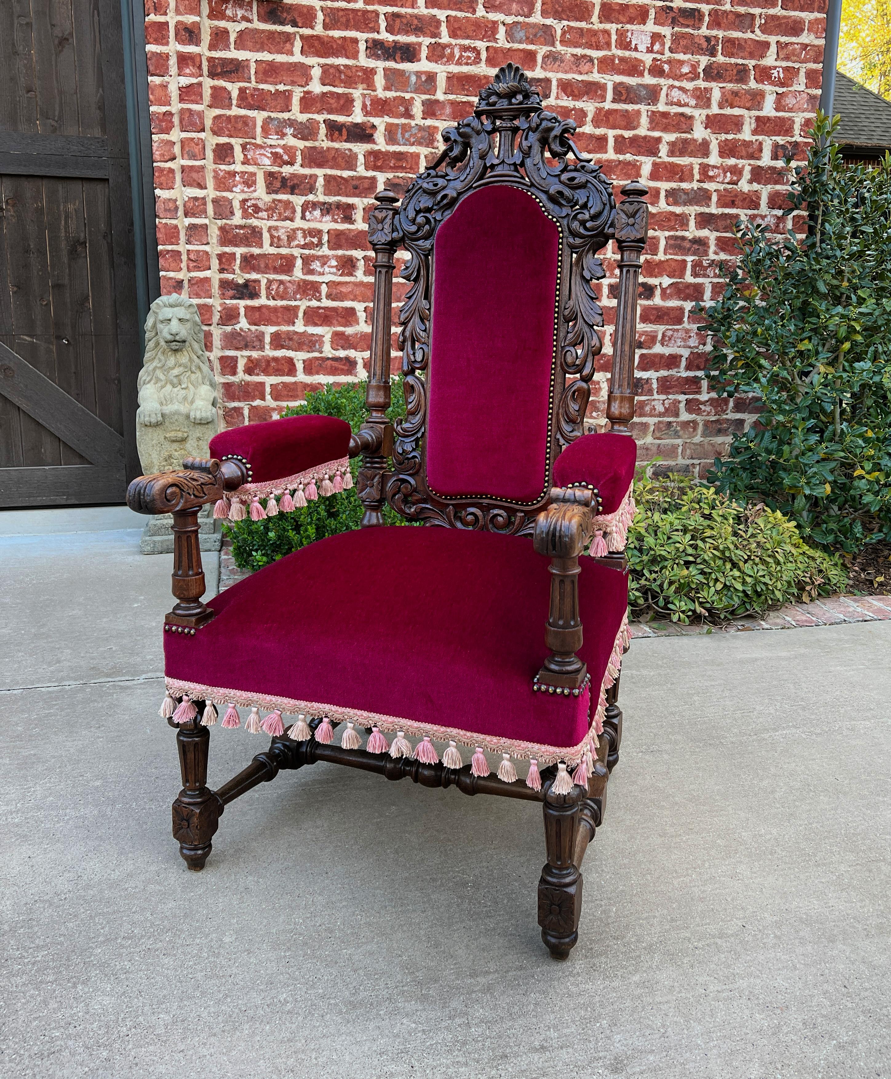 Antique French Pair Arm Chairs Fireside Throne Chairs Large Red Upholstery 19thc For Sale 2