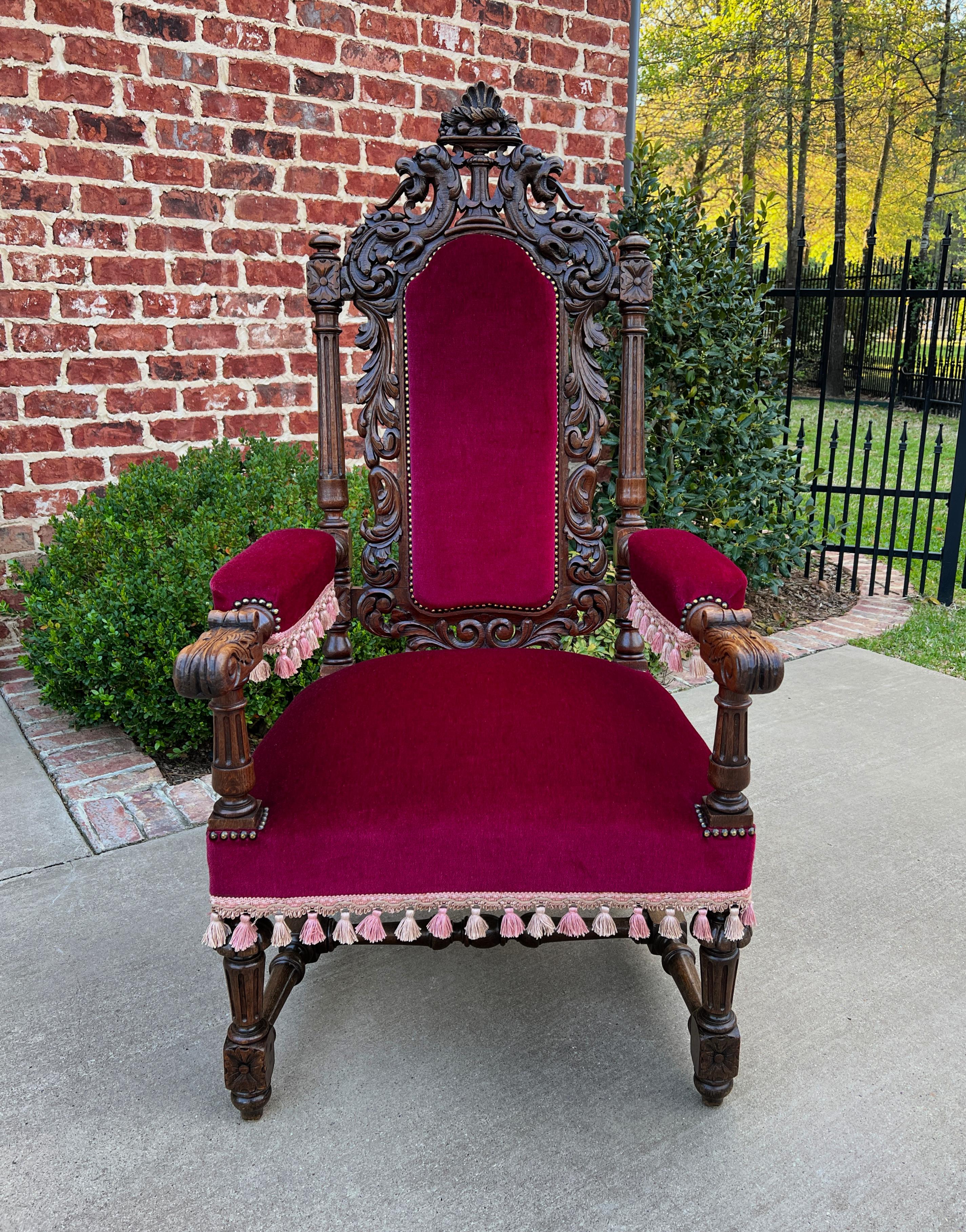 Antique French Pair Arm Chairs Fireside Throne Chairs Large Red Upholstery 19thc For Sale 3