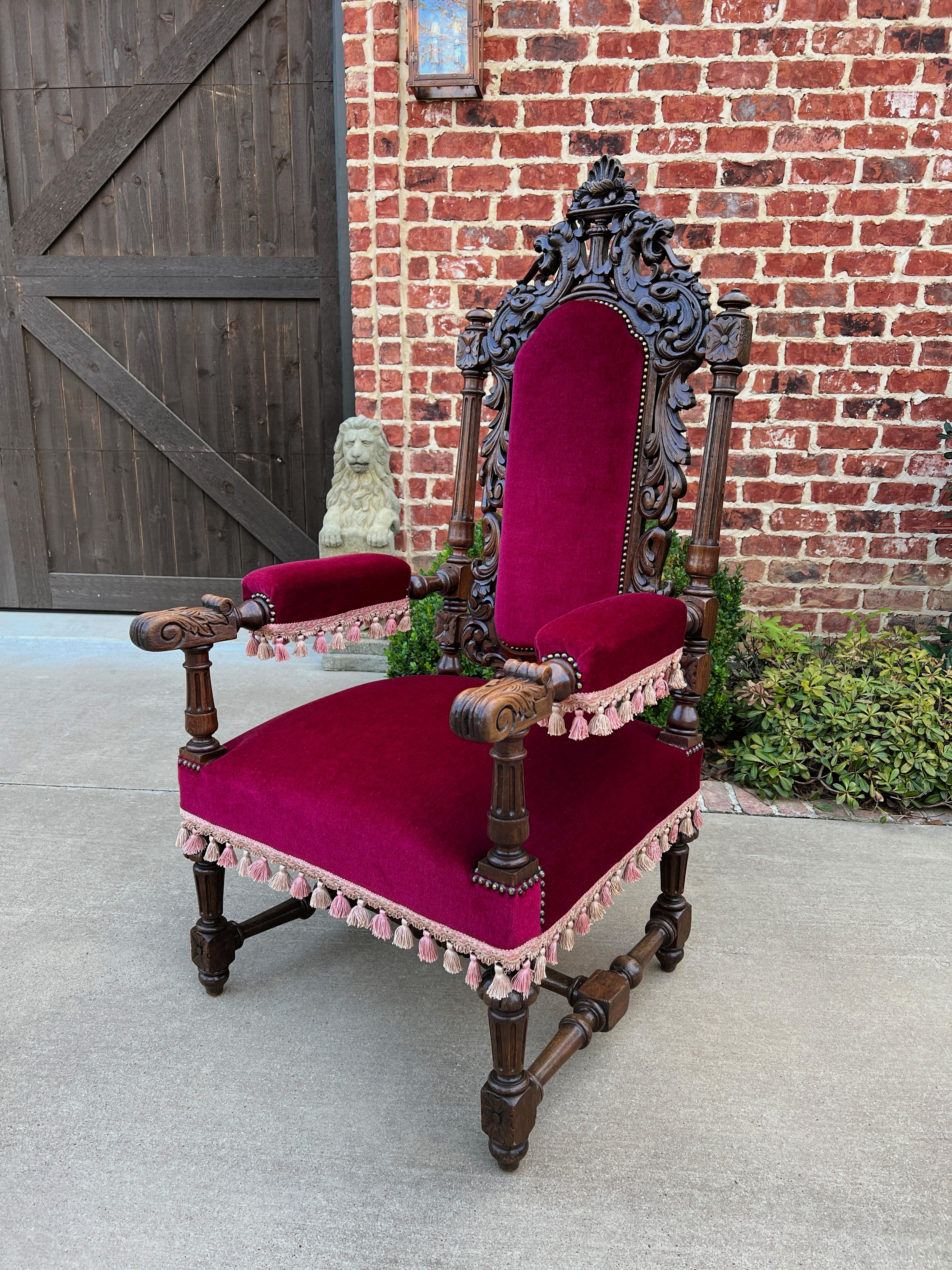 Antique French Pair Arm Chairs Fireside Throne Chairs Large Red Upholstery 19thc For Sale 4