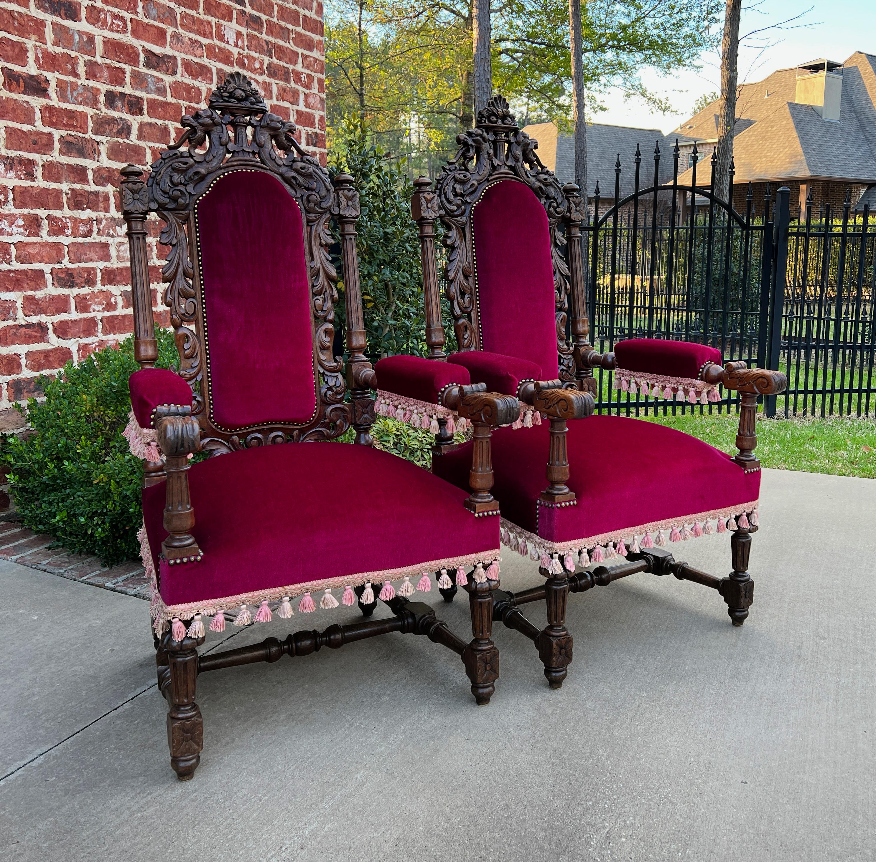 Antique French Pair Arm Chairs Fireside Throne Chairs Large Red Upholstery 19thc For Sale 8