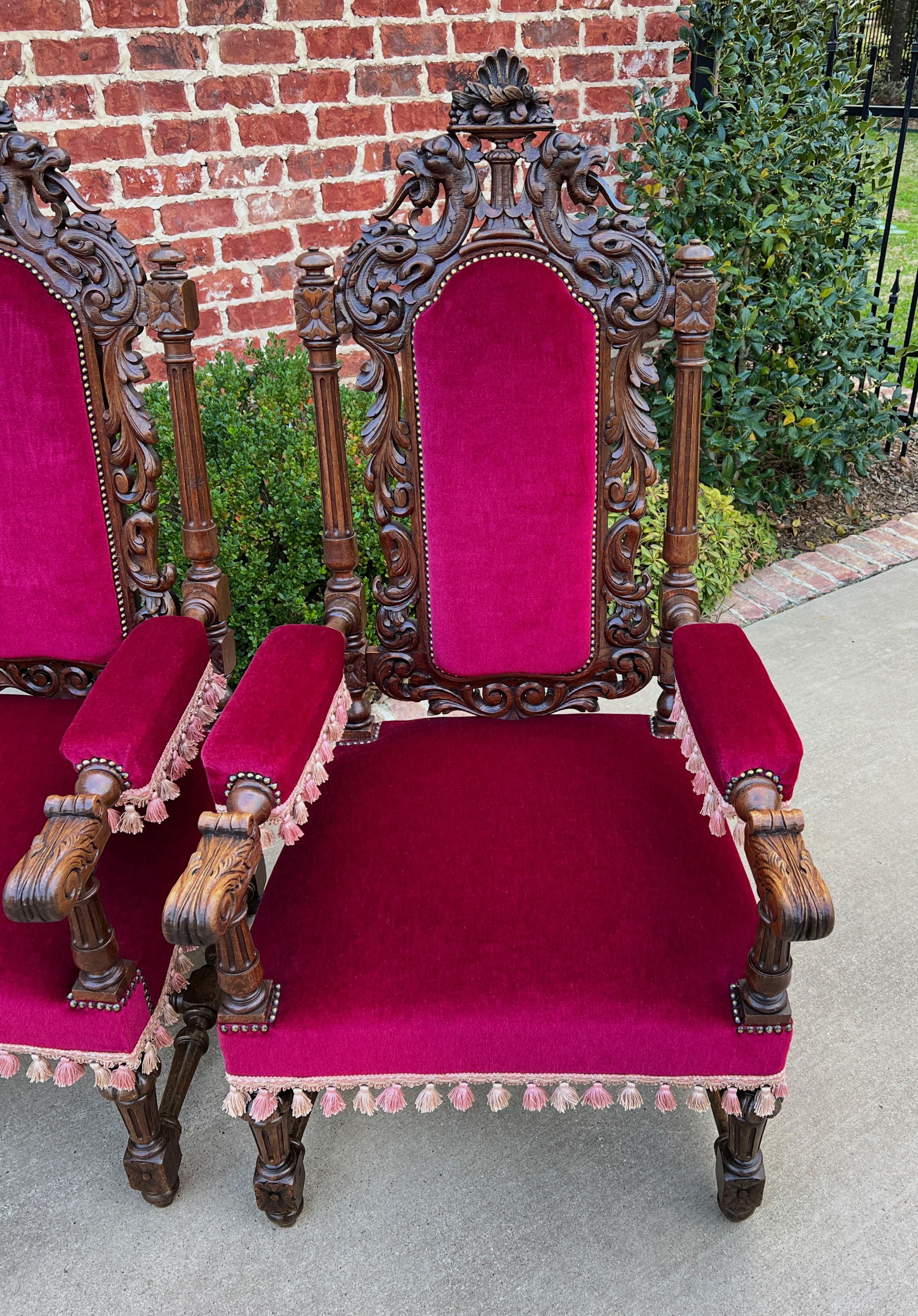 Renaissance Revival Antique French Pair Arm Chairs Fireside Throne Chairs Large Red Upholstery 19thc For Sale