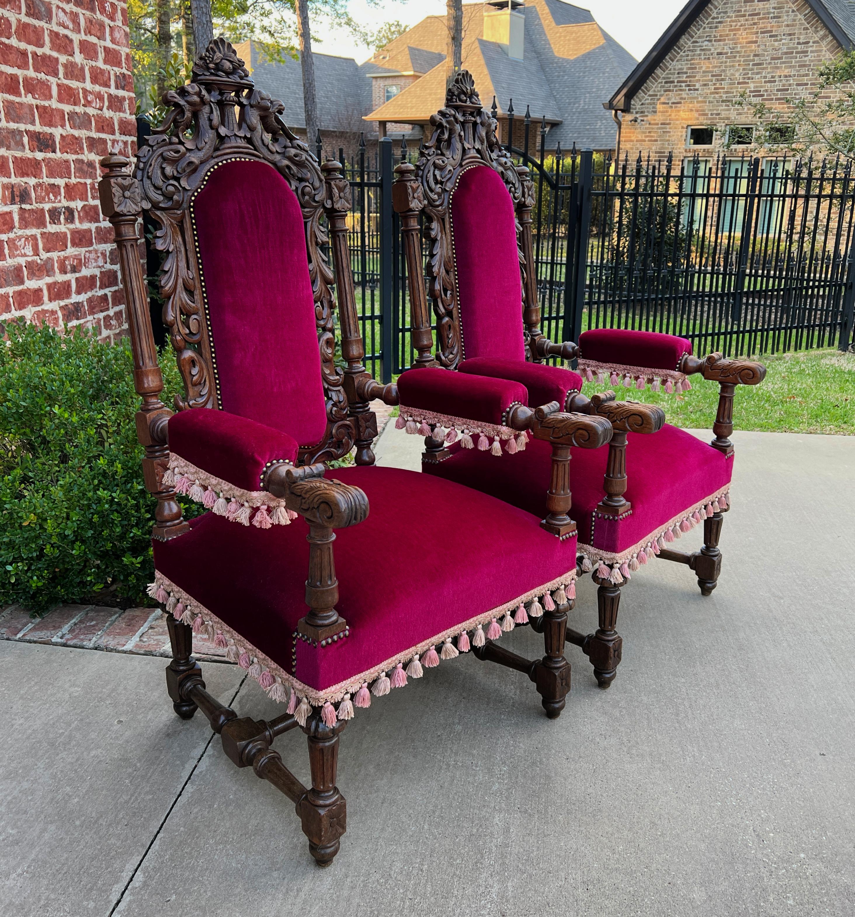 Antique French Pair Arm Chairs Fireside Throne Chairs Large Red Upholstery 19thc In Good Condition For Sale In Tyler, TX